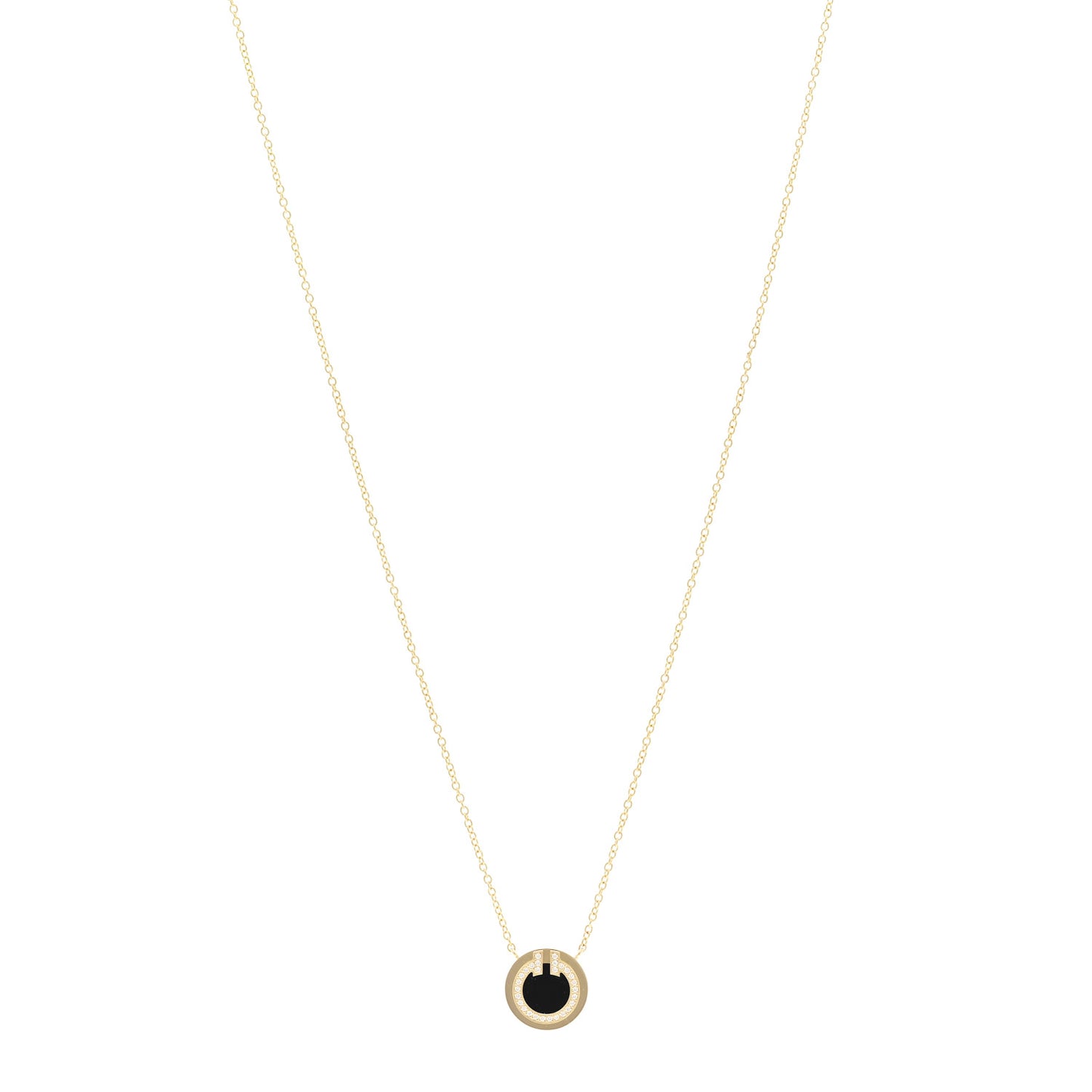 18K Yellow Gold Diamond Black Onyx Small T Circle Pendant Necklace