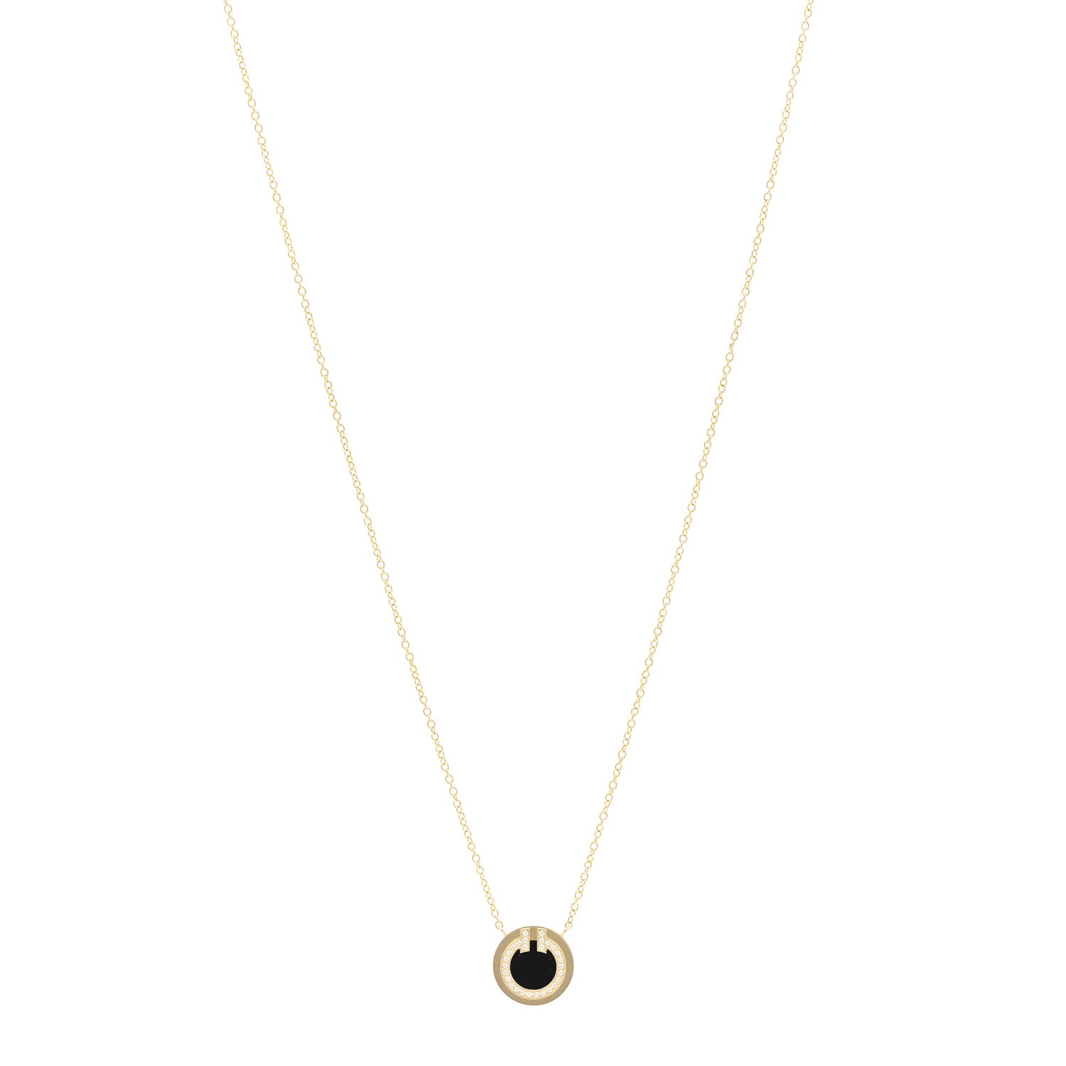 Tiffany 18K Yellow Gold Diamond Black Onyx Small T Circle Pendant Necklace 1 of 4