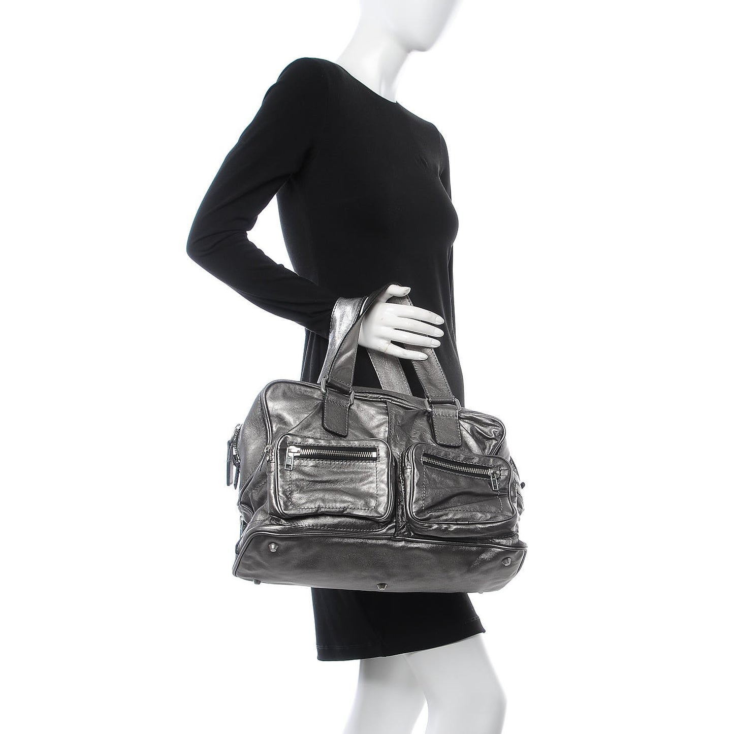 Metallic Calfskin Large Betty Shoulder Bag Charbon