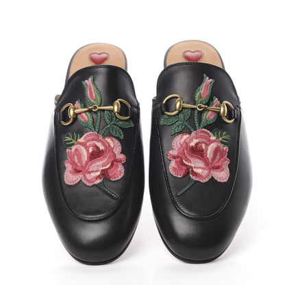 Gucci Calfskin Flower Embroidered Princetown Slippers 39 Black 5 of 9
