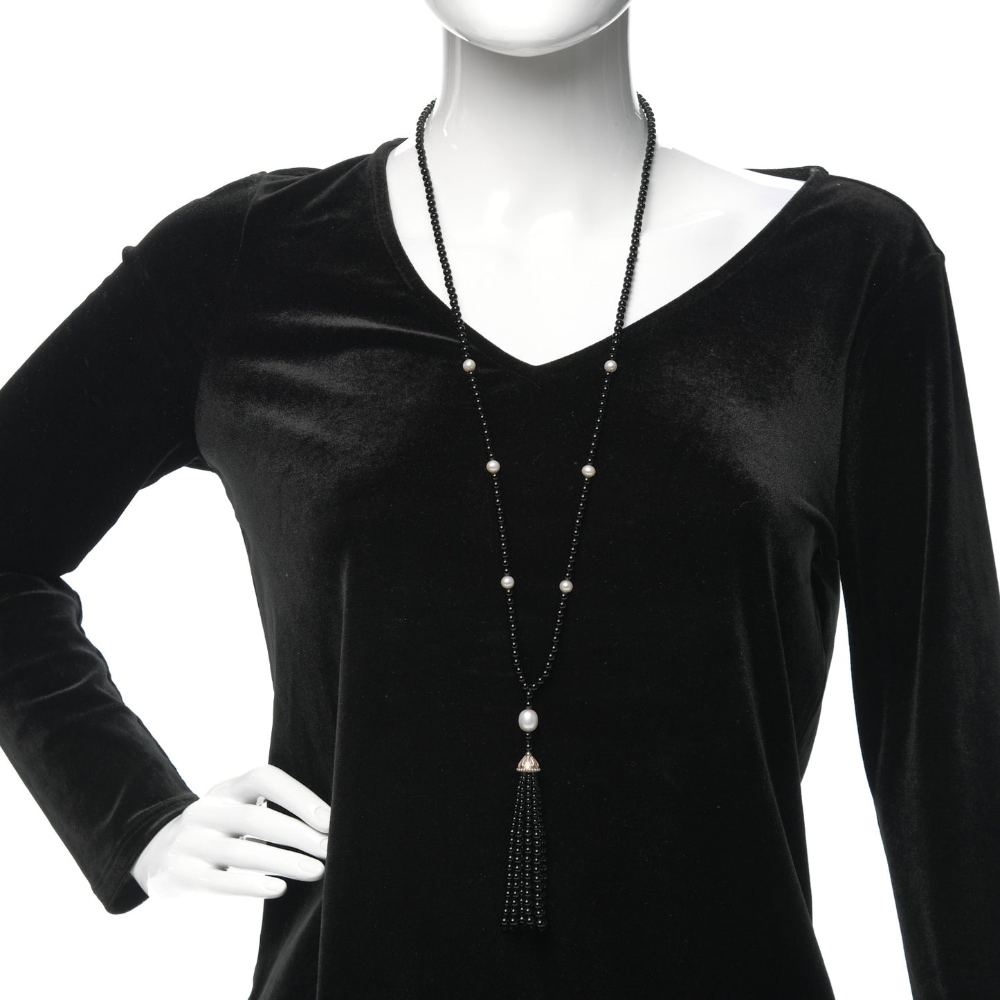 Sterling Silver Black Onyx Freshwater Pearl Ziegfeld Tassel Necklace