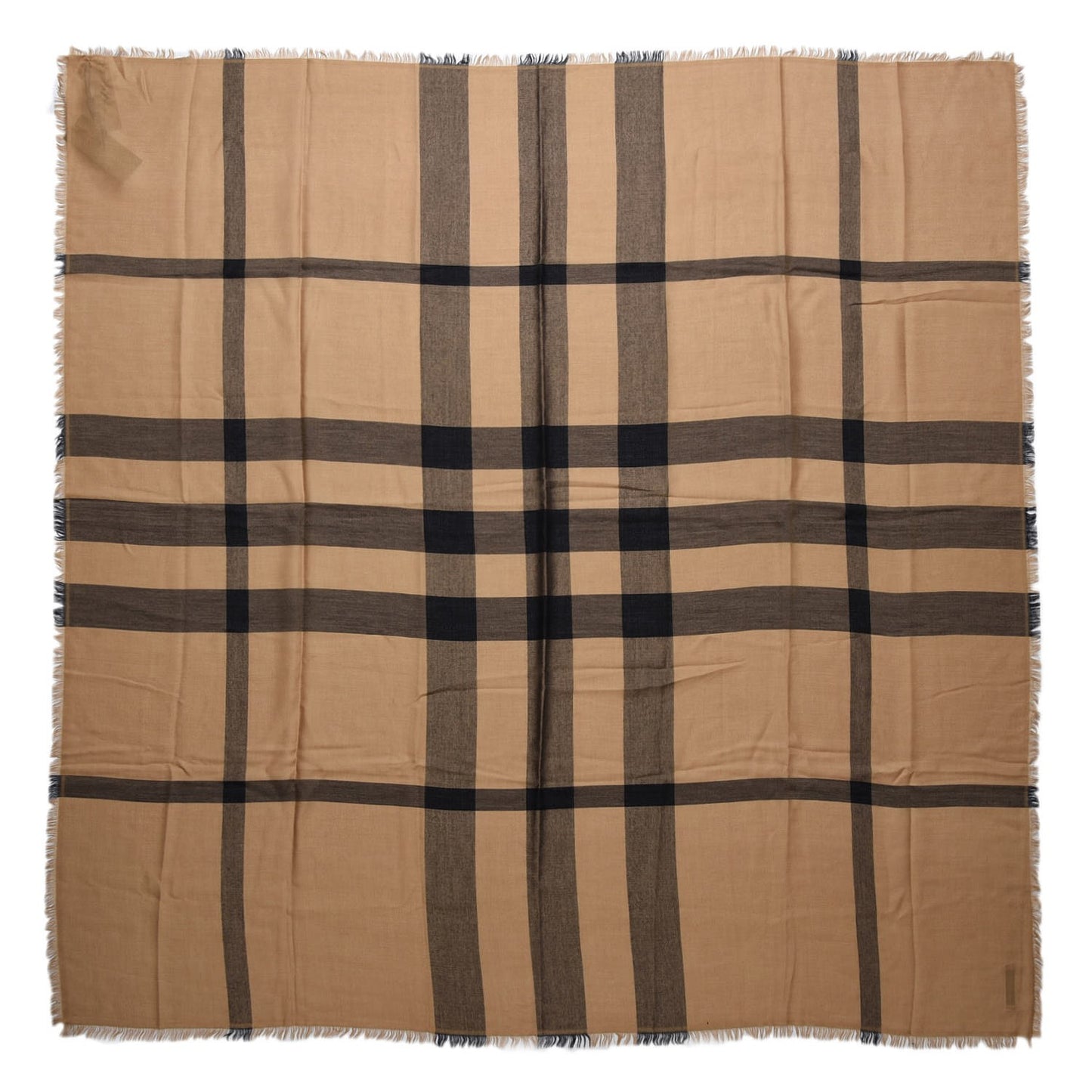 Modal Wool Overdyed Chambray Check Square Scarf Camel