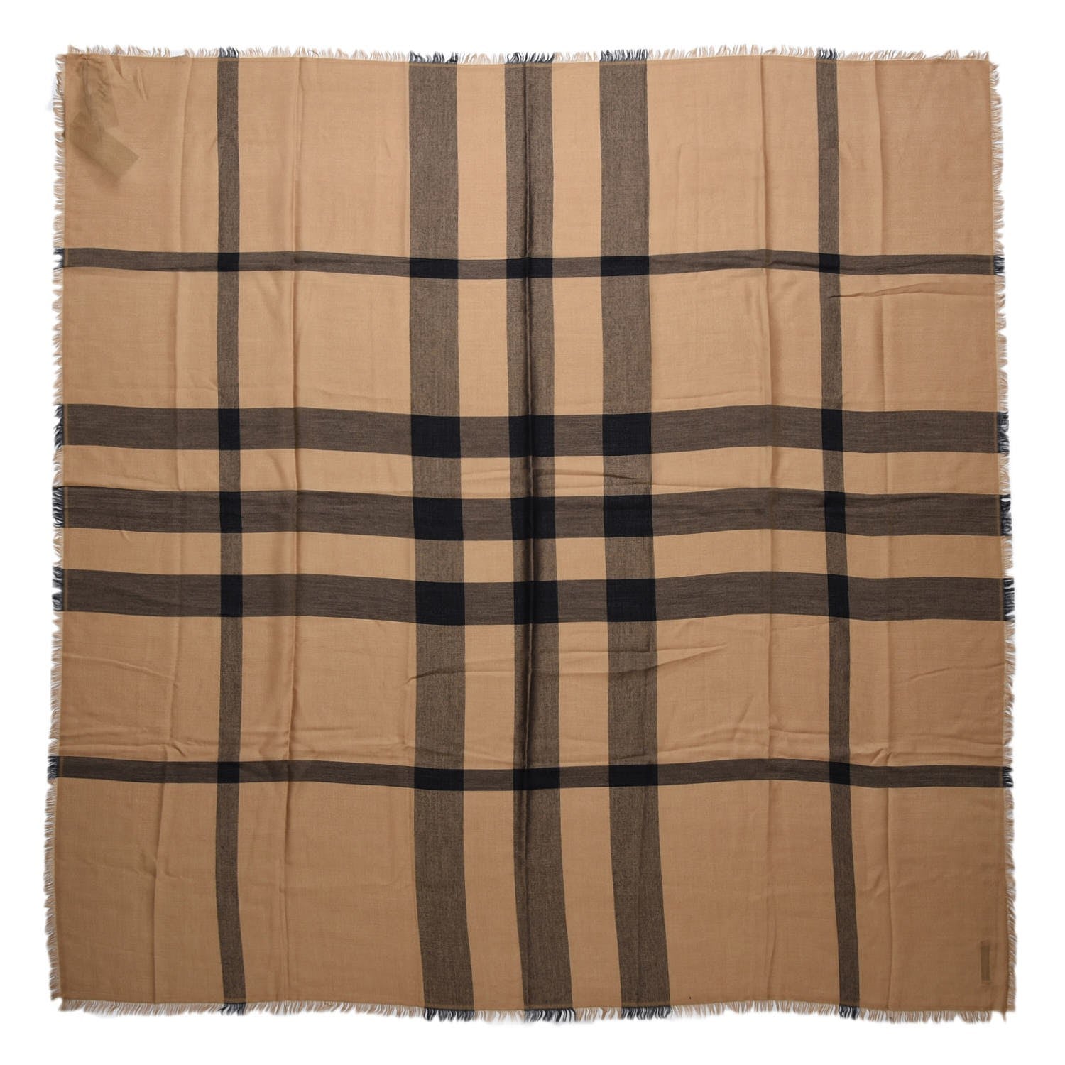 Burberry Modal Wool Overdyed Chambray Check Square Scarf Camel 1 of 5