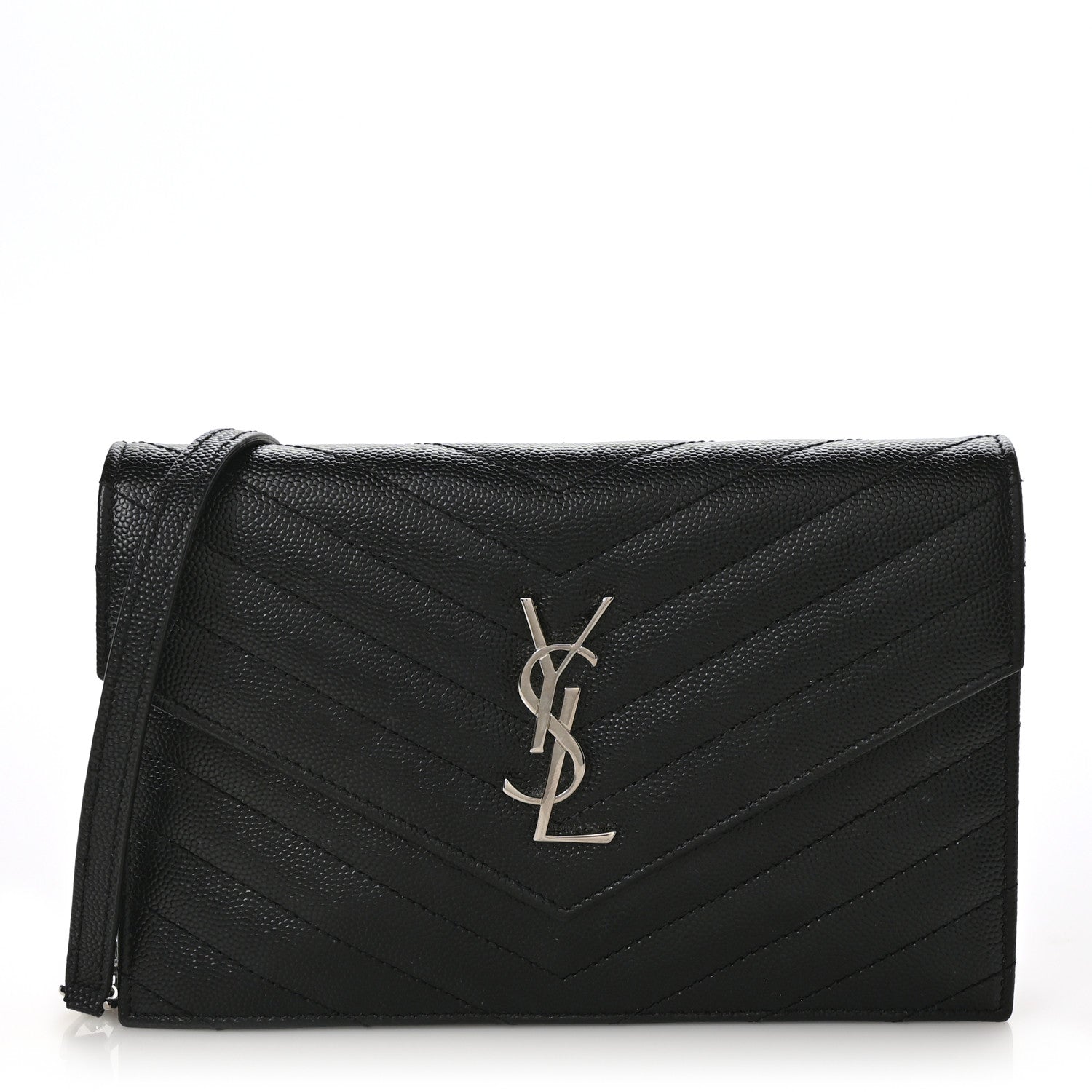 Saint Laurent Grain De Poudre Matelasse Chevron Monogram Envelope Chain Wallet Black 1 of 7
