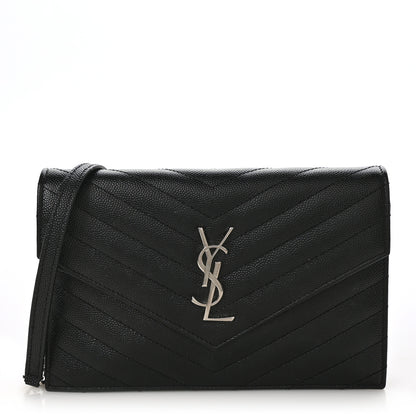 Saint Laurent Grain De Poudre Matelasse Chevron Monogram Envelope Chain Wallet Black 1 of 7