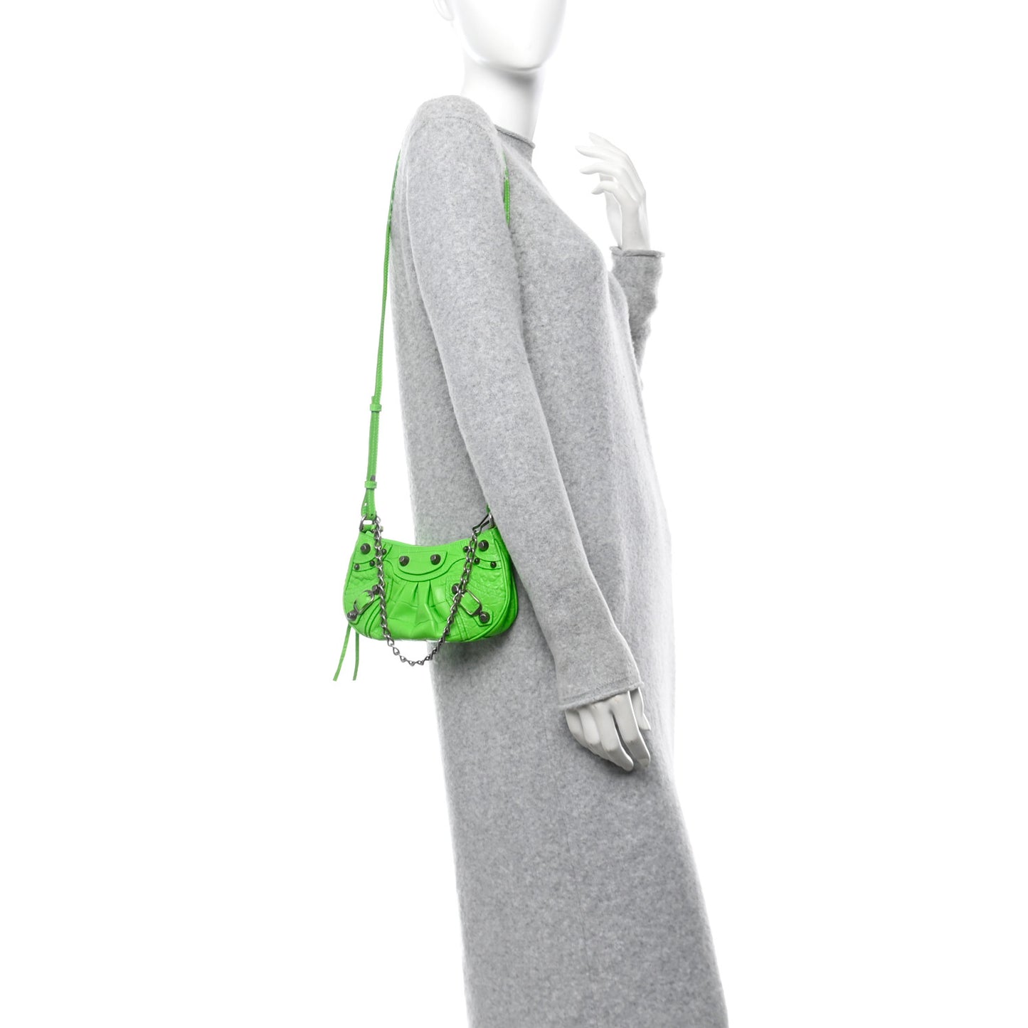 Extra Supple Calfskin Crocodile Embossed Le Cagole Mini Purse With Chain Acid Green