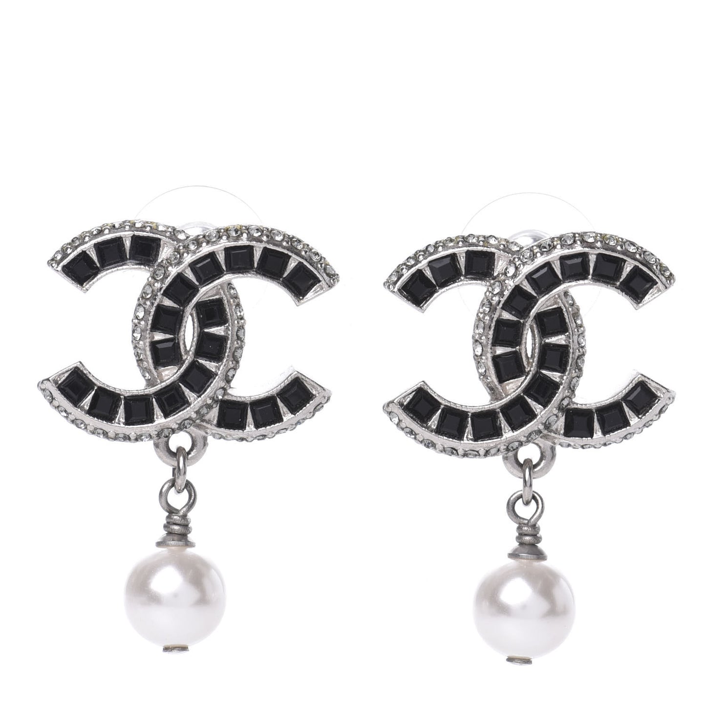 Baguette Crystal Pearl CC Drop Earrings Silver Black