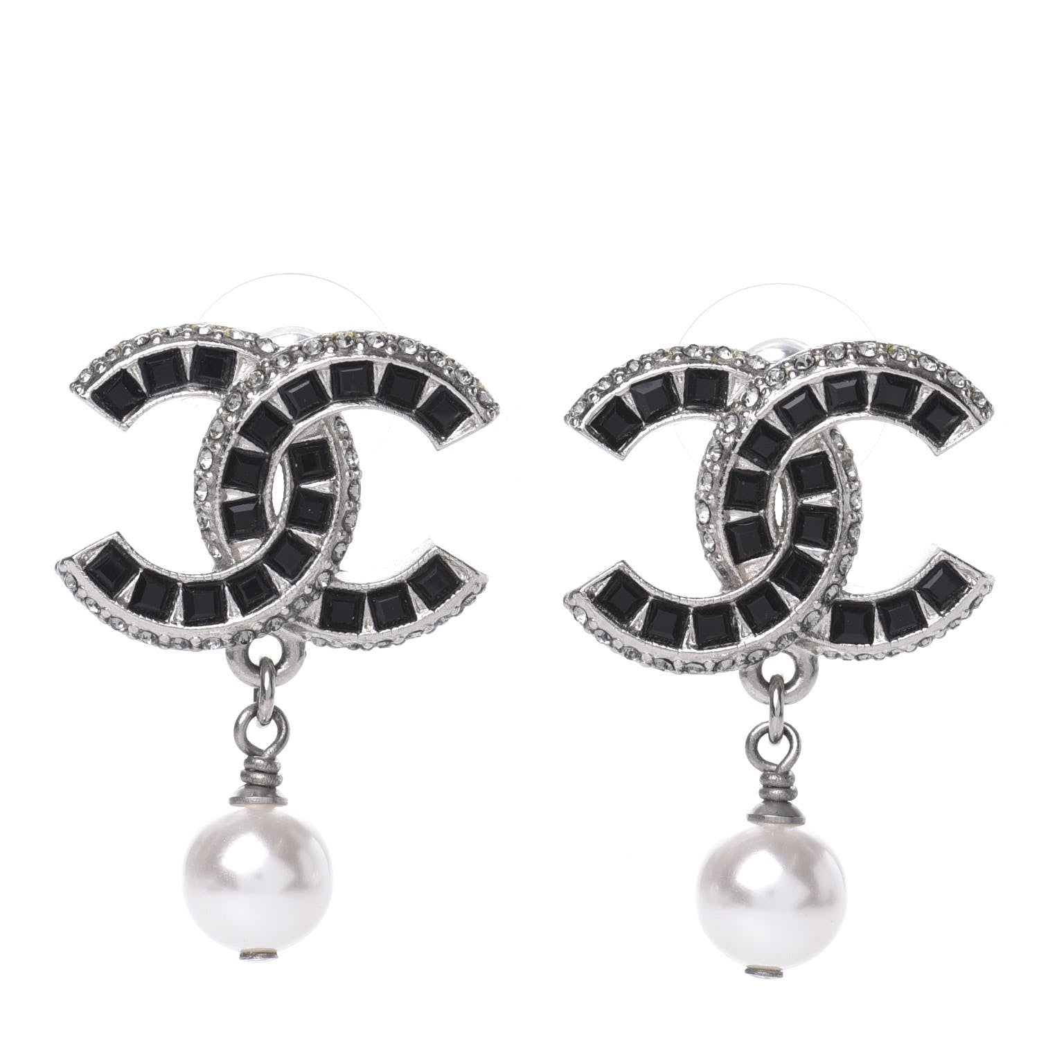Chanel Baguette Crystal Pearl CC Drop Earrings Silver Black 1 of 8