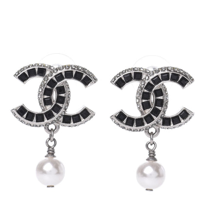 Chanel Baguette Crystal Pearl CC Drop Earrings Silver Black 1 of 8