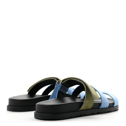 Hermes Suede Goatskin Womens Chypre Sandals 41 Bleu Cameo Vert 5 of 10