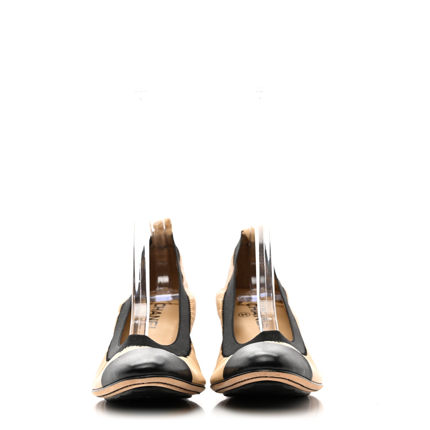Chanel Lambskin Patent CC Elastic Stretch Pumps 40 Beige Black 2 of 9