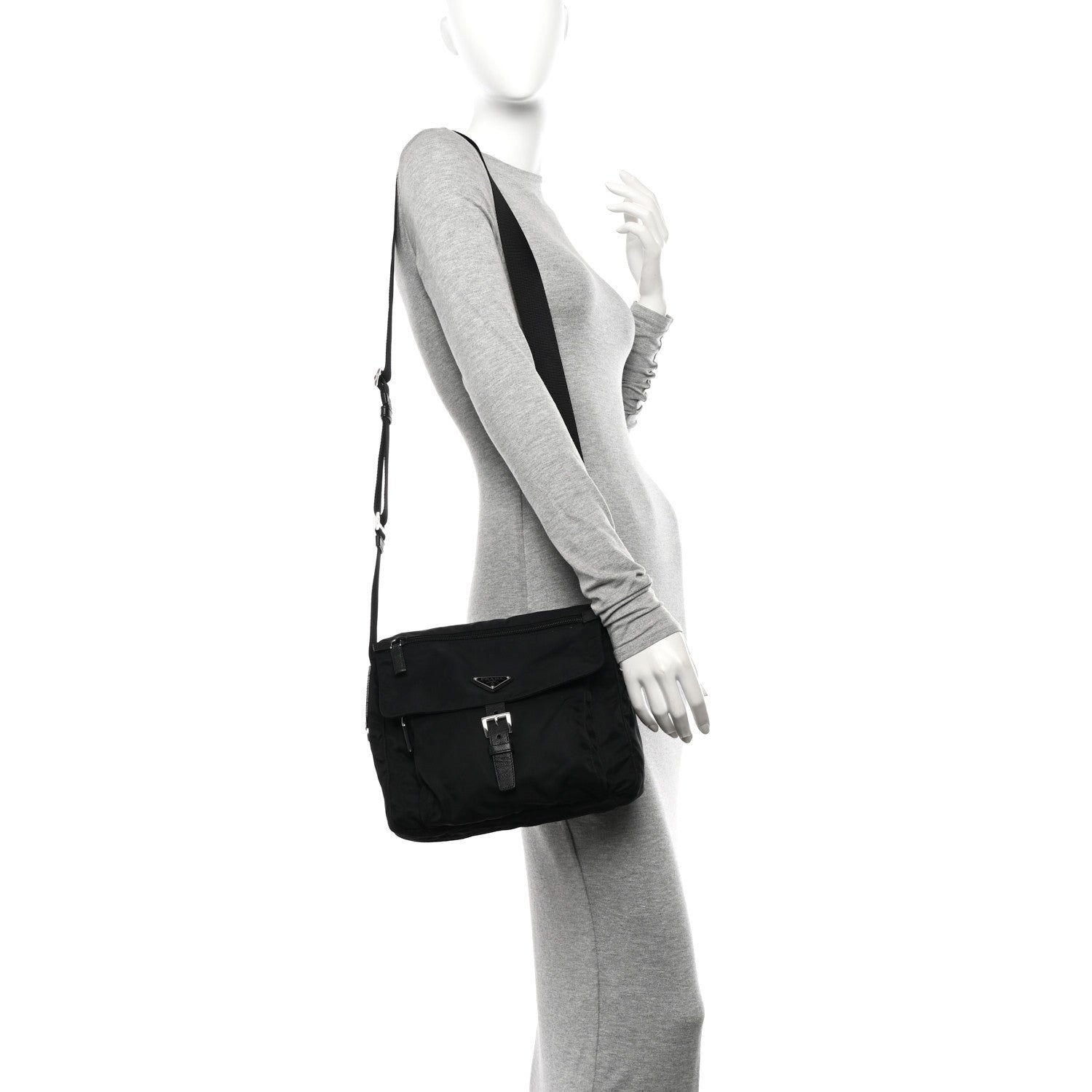Prada Nylon Vela Saffiano Single Buckle Messenger Shoulder Bag Black 2 of 10