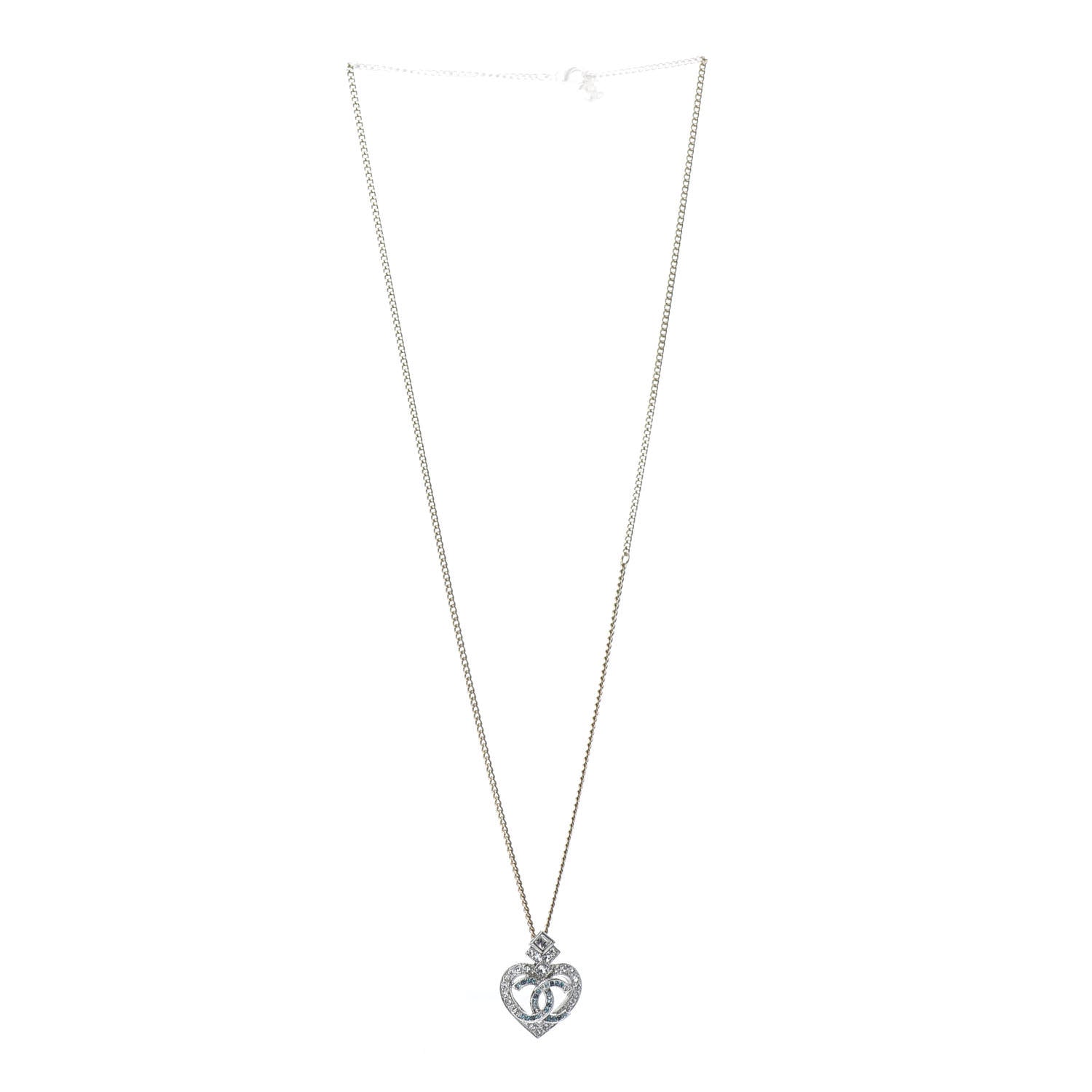 Chanel Crystal Heart CC Pendant Necklace Gold Silver Blue 1 of 5