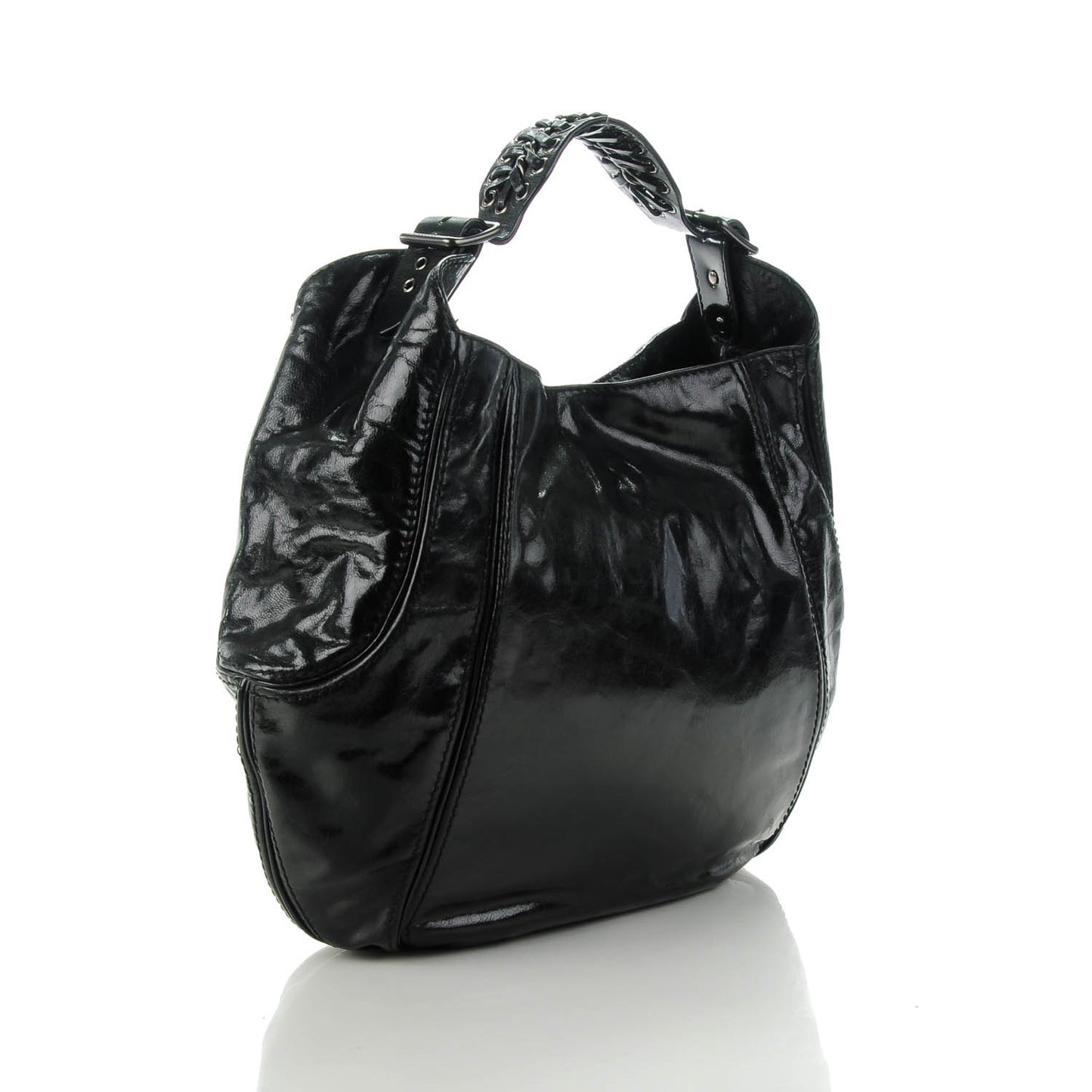 Crinkled Patent Lace Up Eclipse Hobo Black
