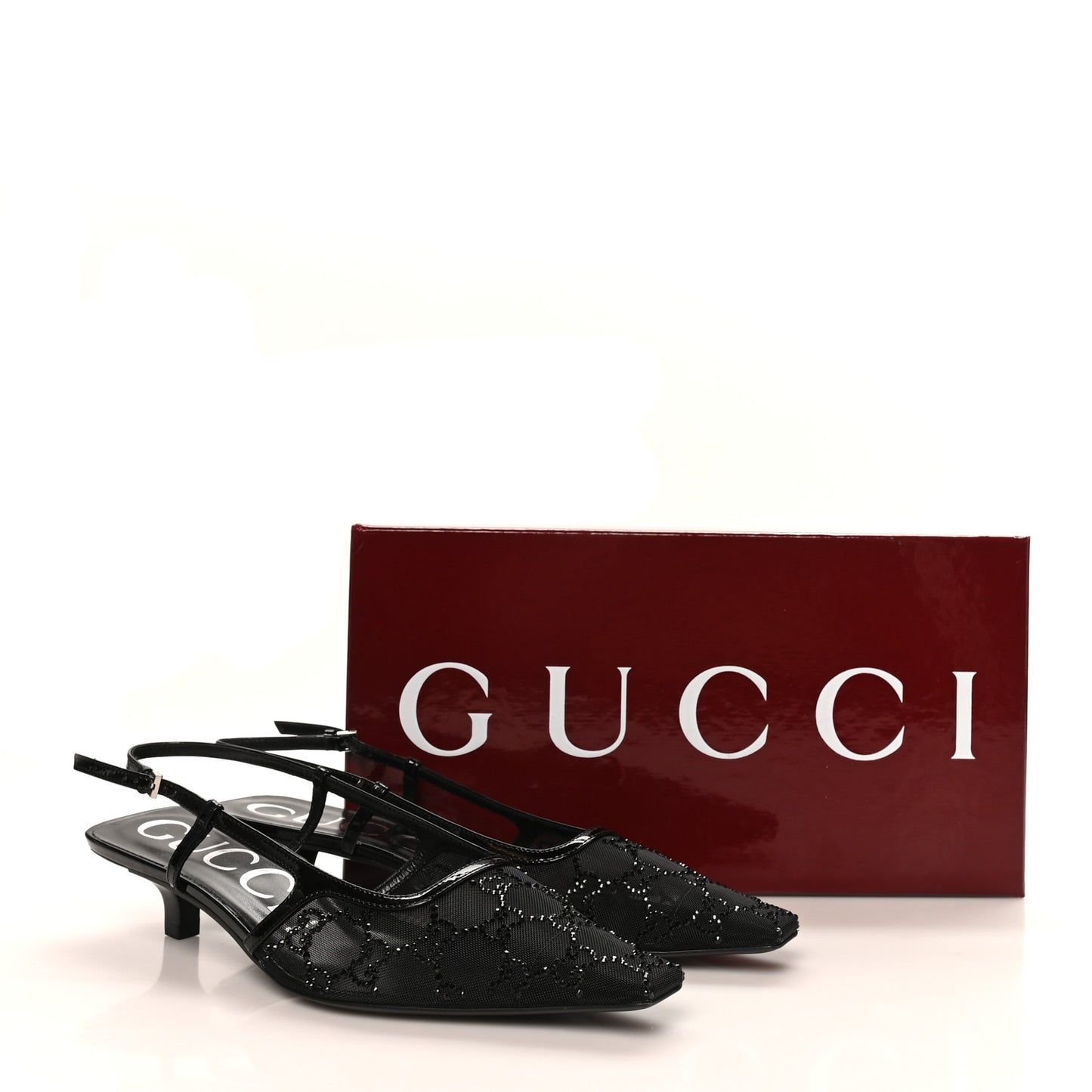 Tela Retino Kid Scamosciato Crystal GG Monogram Square G 35mm Slingback Pumps 38.5 Black