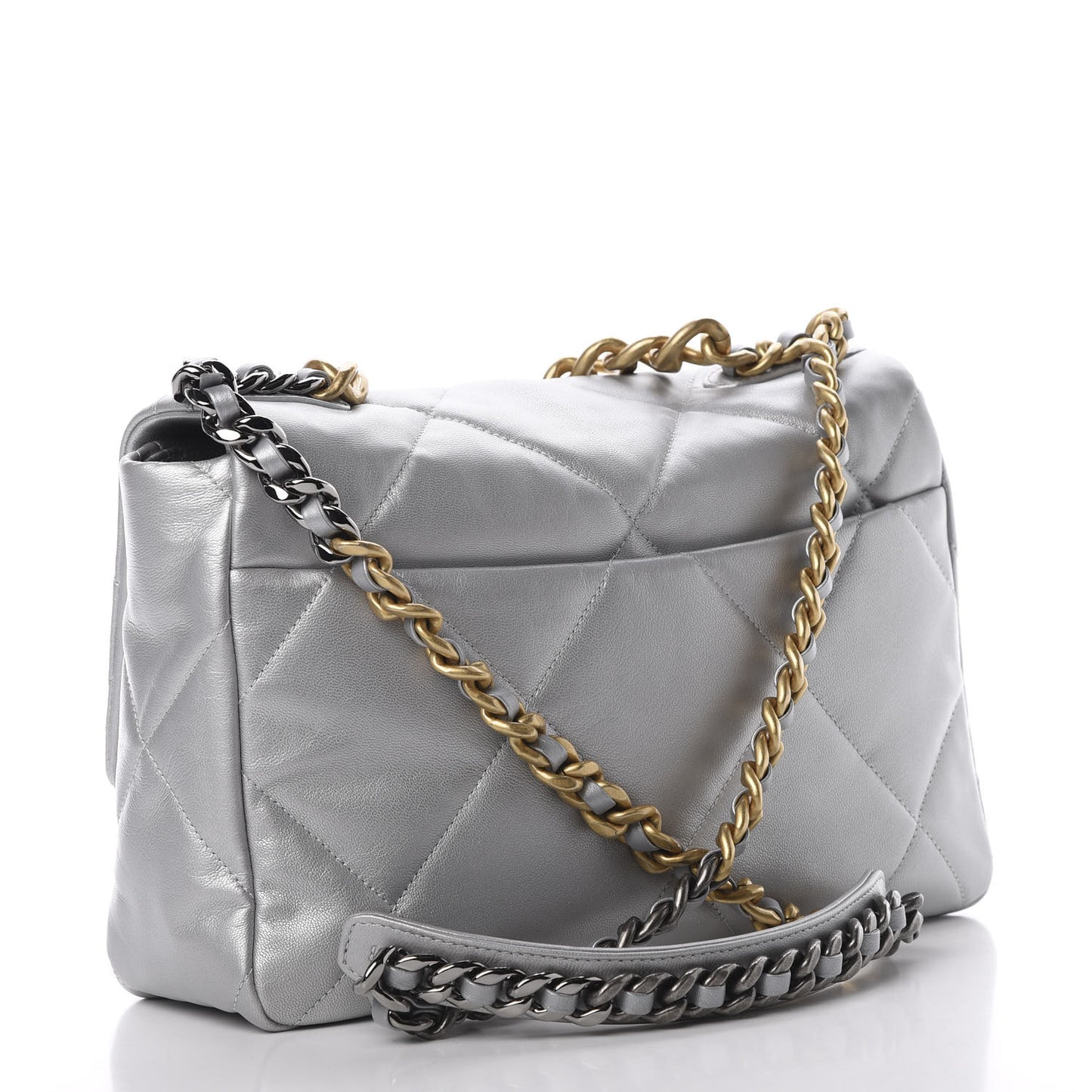 Metallic Goatskin Quilted Large 19 Flap Silver