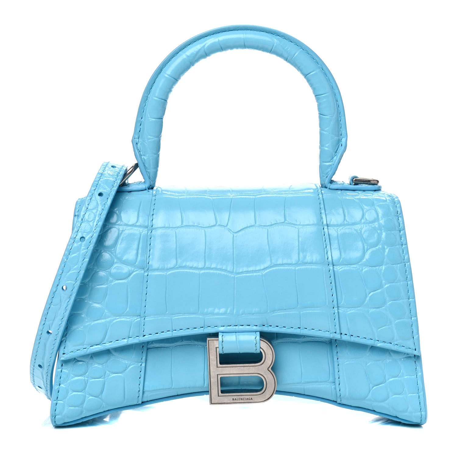 Balenciaga Shiny Calfskin Crocodile Embossed Hourglass Top Handle Bag XS Azur 1 of 4