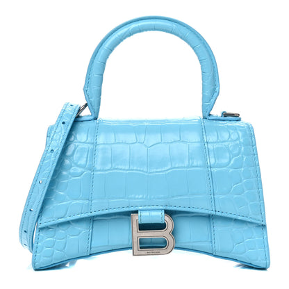 Balenciaga Shiny Calfskin Crocodile Embossed Hourglass Top Handle Bag XS Azur 1 of 4