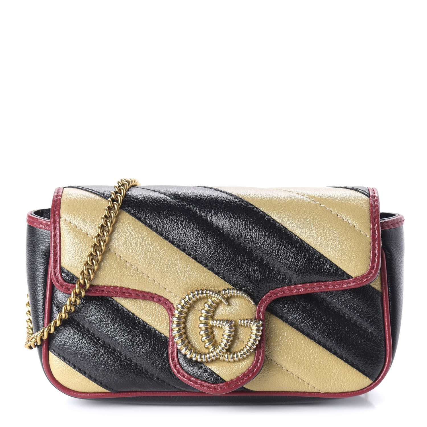 Gucci Vintage Effect Calfskin Matelasse Diagonal Striped Super Mini Torchon GG Marmont Shoulder Bag Black Beige 1 of 10