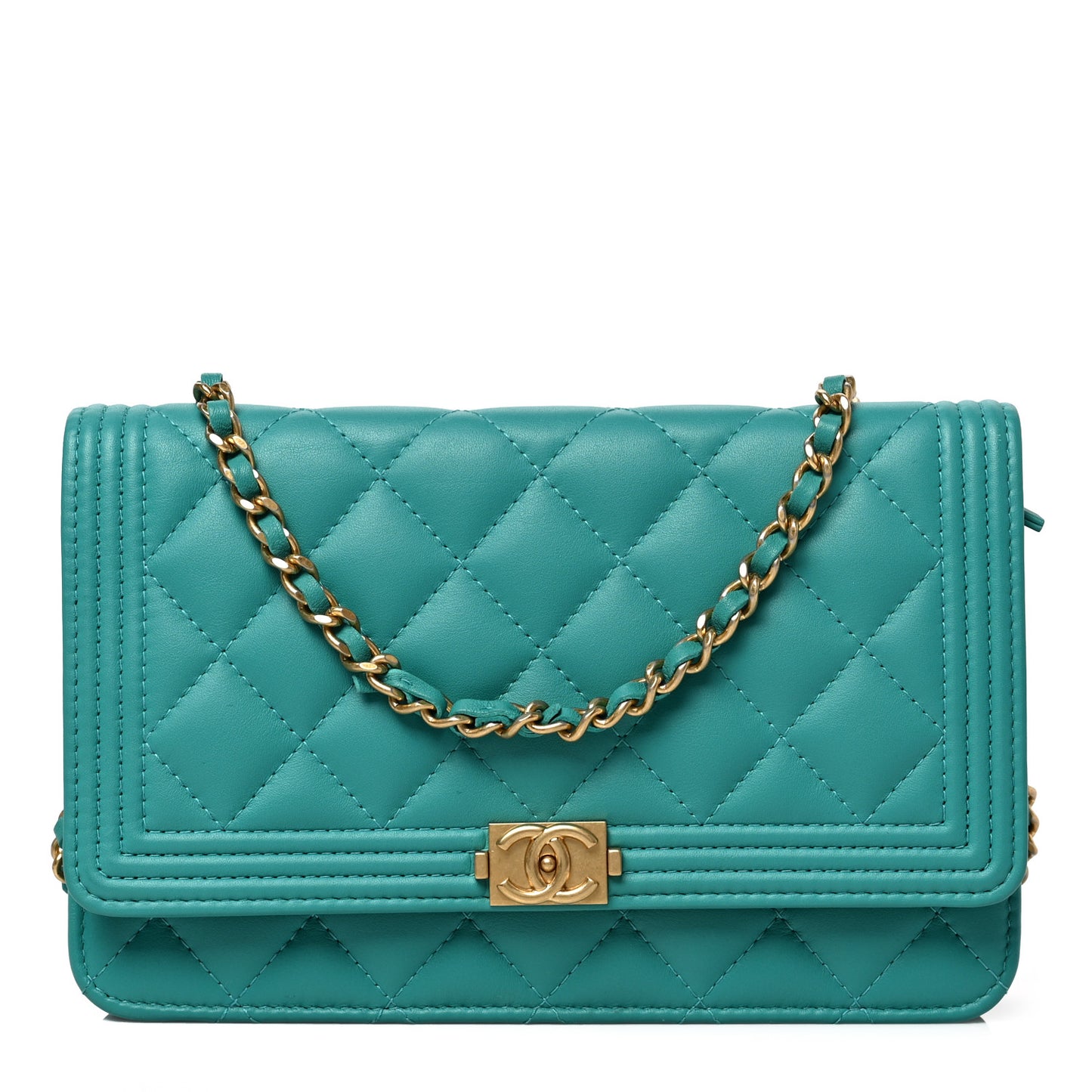 Lambskin Quilted Boy Wallet On Chain WOC Turquoise