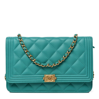 Chanel Lambskin Quilted Boy Wallet On Chain WOC Turquoise 1 of 8