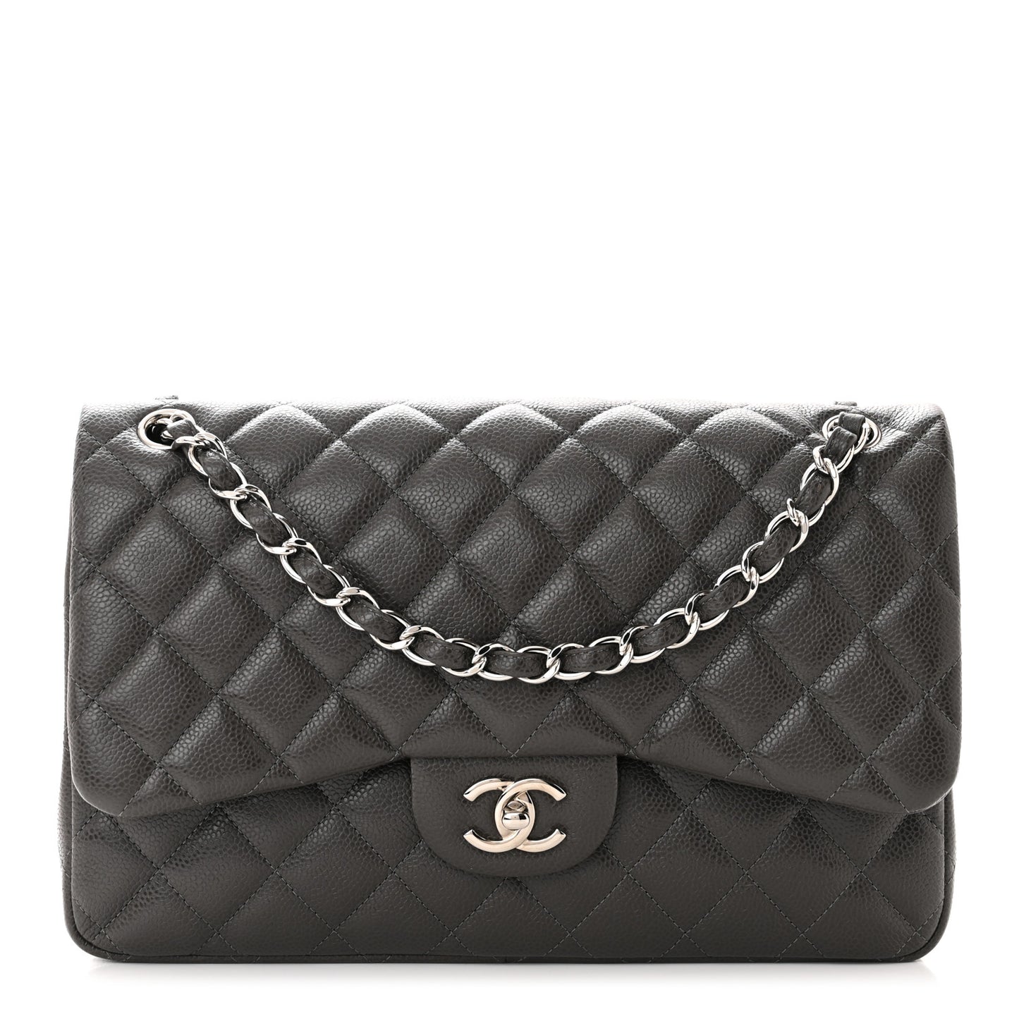 Caviar Quilted Jumbo Double Flap Dark Grey
