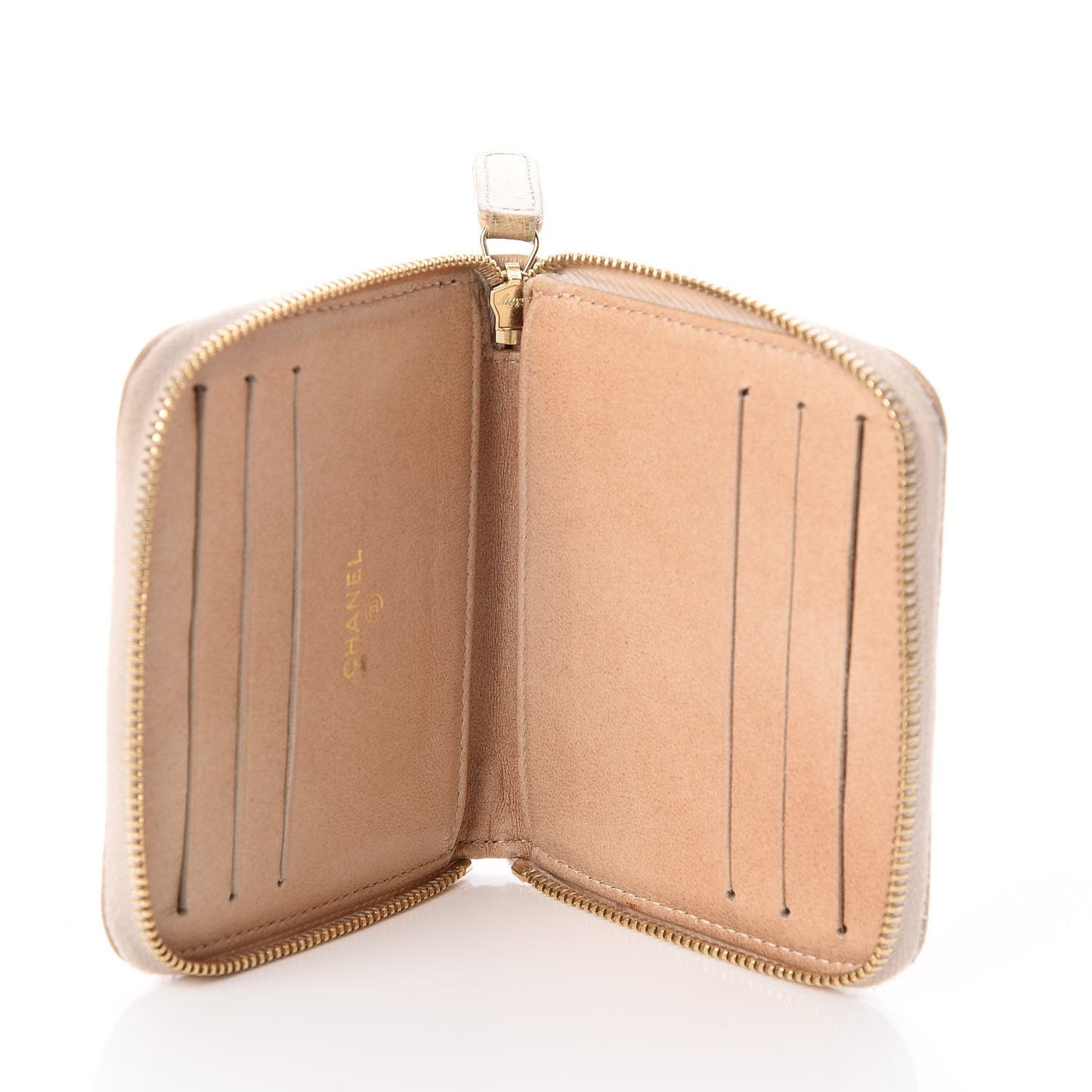 Lambskin Camellia Embossed Zip Around Card Holder Light Beige