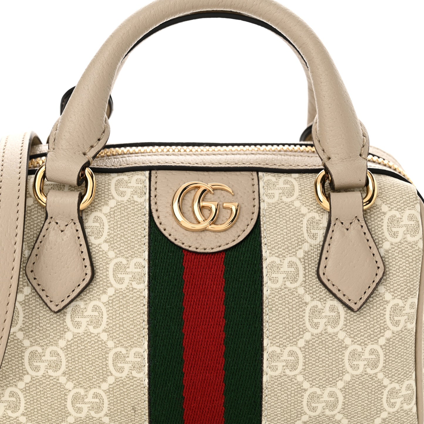 GG Supreme Monogram Textured Dollar Calfskin Web Super Mini Ophidia Top Handle Bowler Bag Beige Mystic White Oatmeal