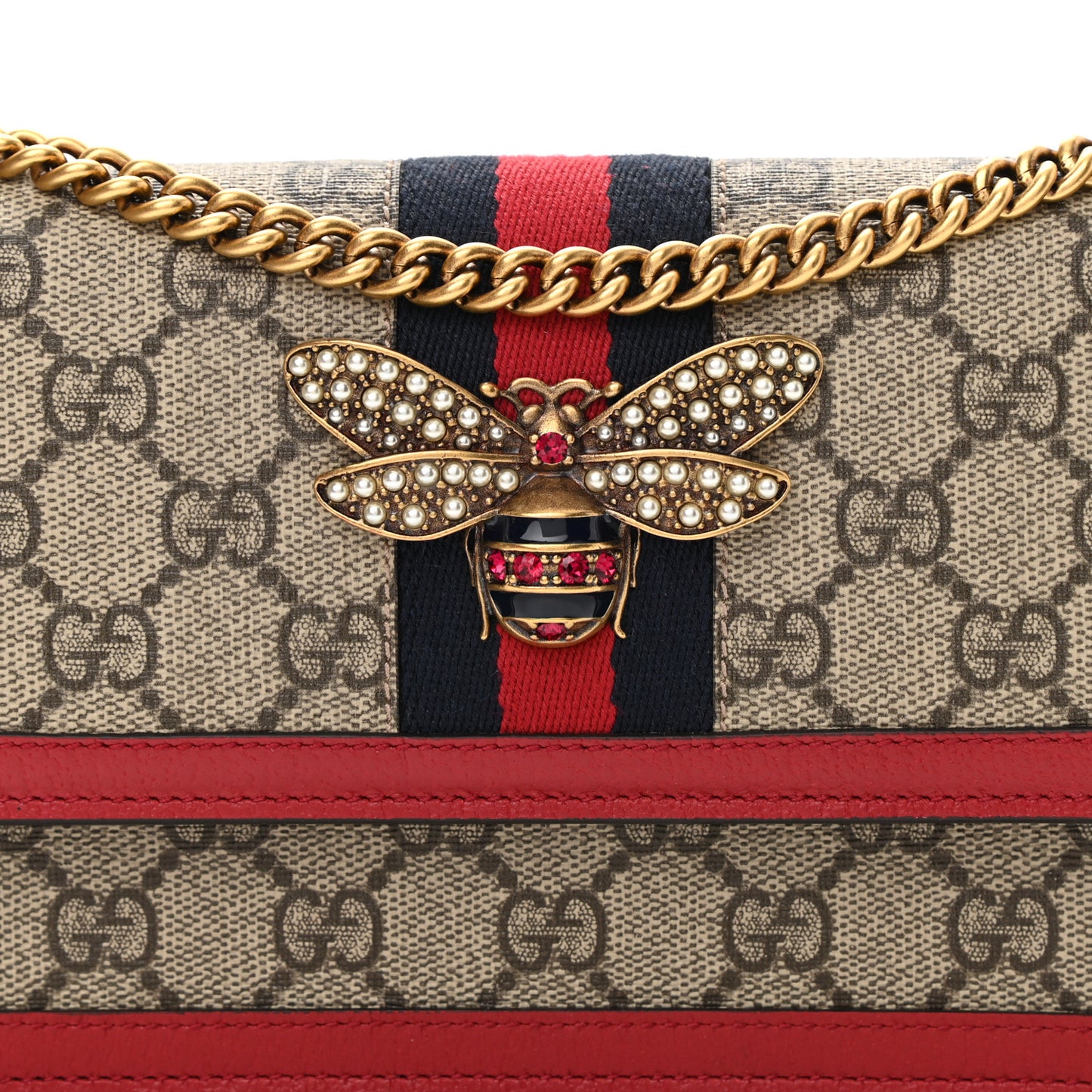 GG Supreme Monogram Web Queen Margaret Chain Wallet Red