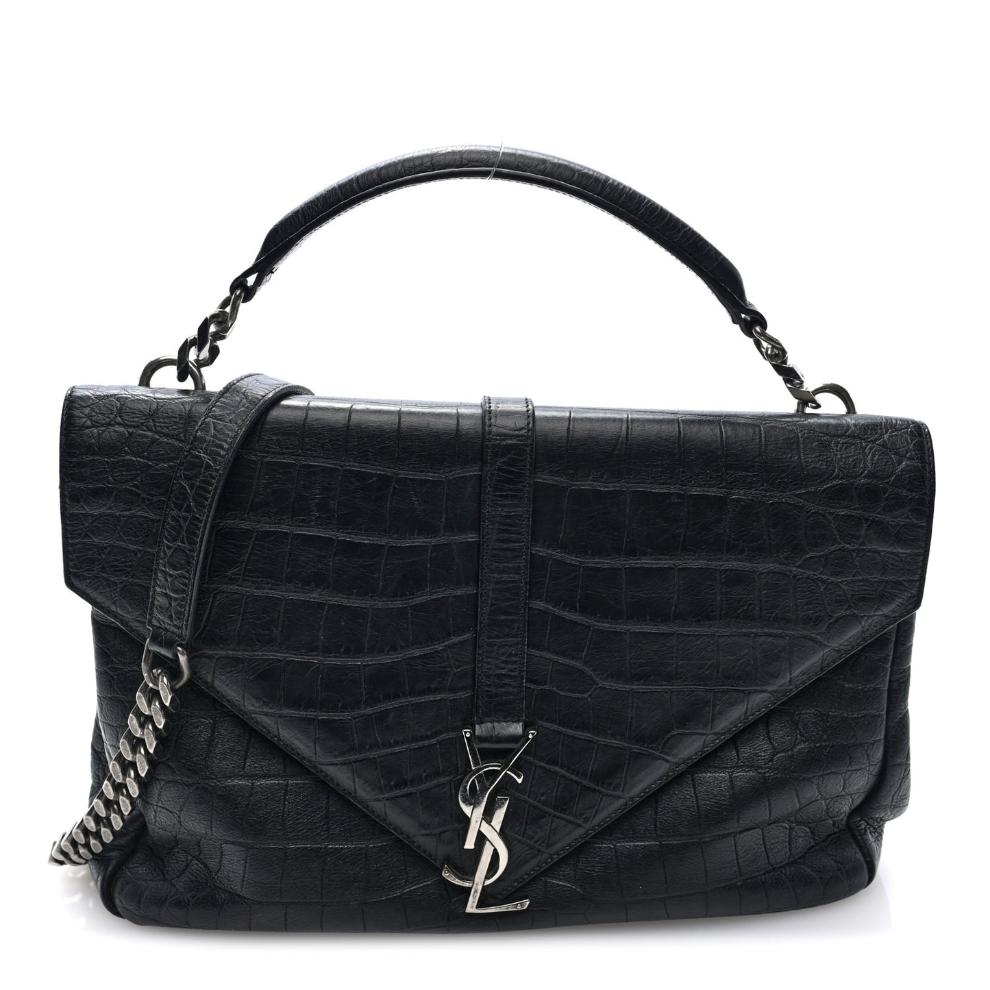 Calfskin Crocodile Embossed Large College Monogram Satchel Black