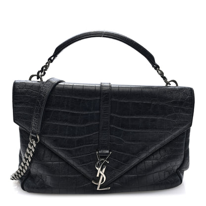 Saint Laurent Calfskin Crocodile Embossed Large College Monogram Satchel Black 1 of 8