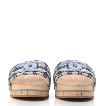 Chanel Tweed Mixed Fibers Cork CC Mule Sandal 41 Navy Blue White Blue 2 of 12