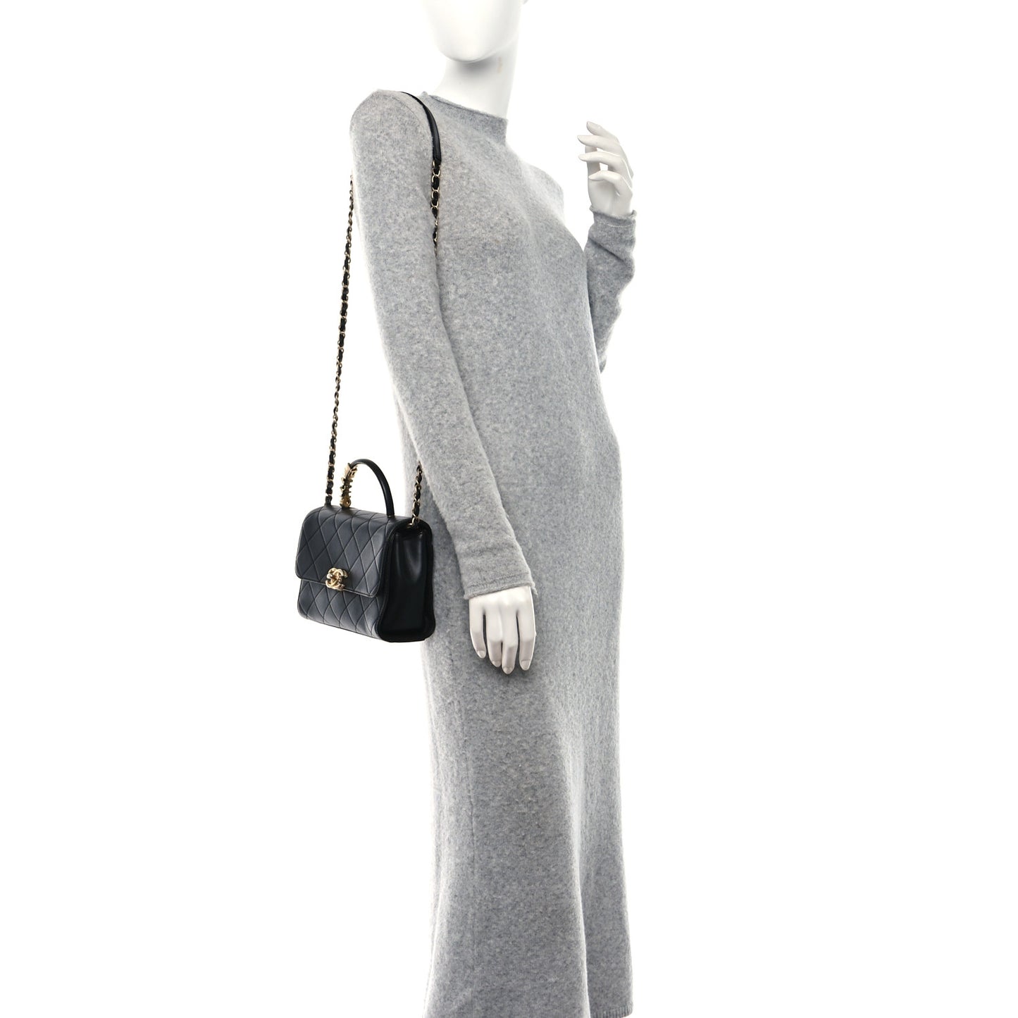 Lambskin Stitched Pearl Logo Top Handle Flap Black