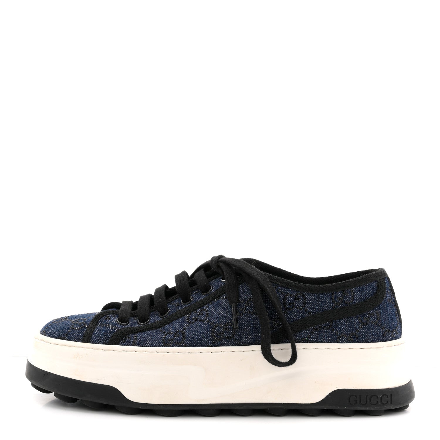Gucci Denim Crystal GG Monogram Womens 1977 Platform Tennis Sneakers 39 Blue Black 1 of 9