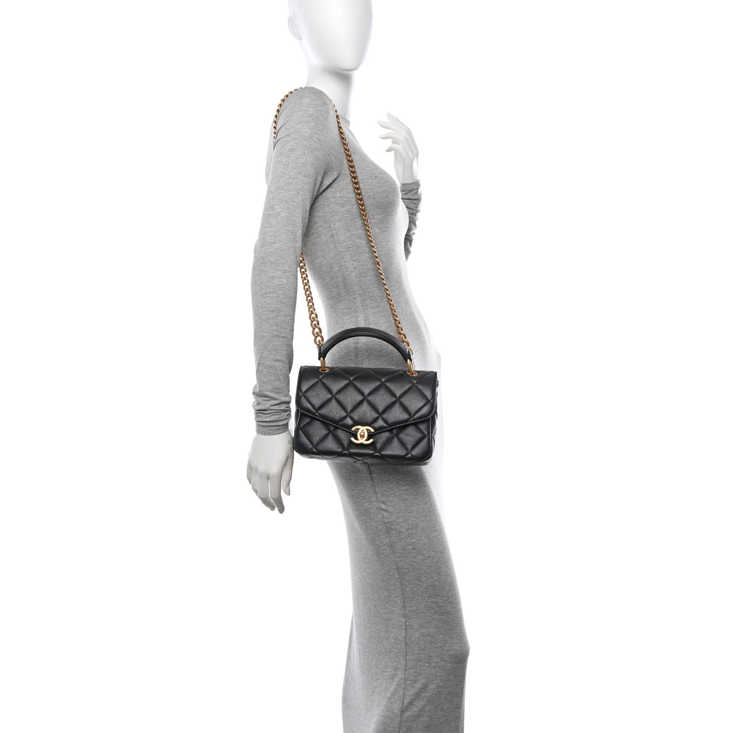 Lambskin Quilted Top Handle Flap Black