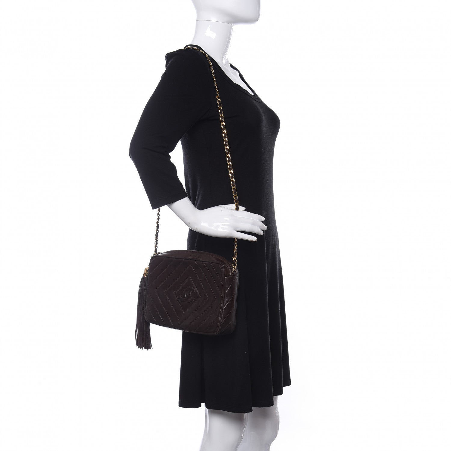 Chanel Lambskin Chevron Quilted Tassel Camera Case Brown 2 of 11