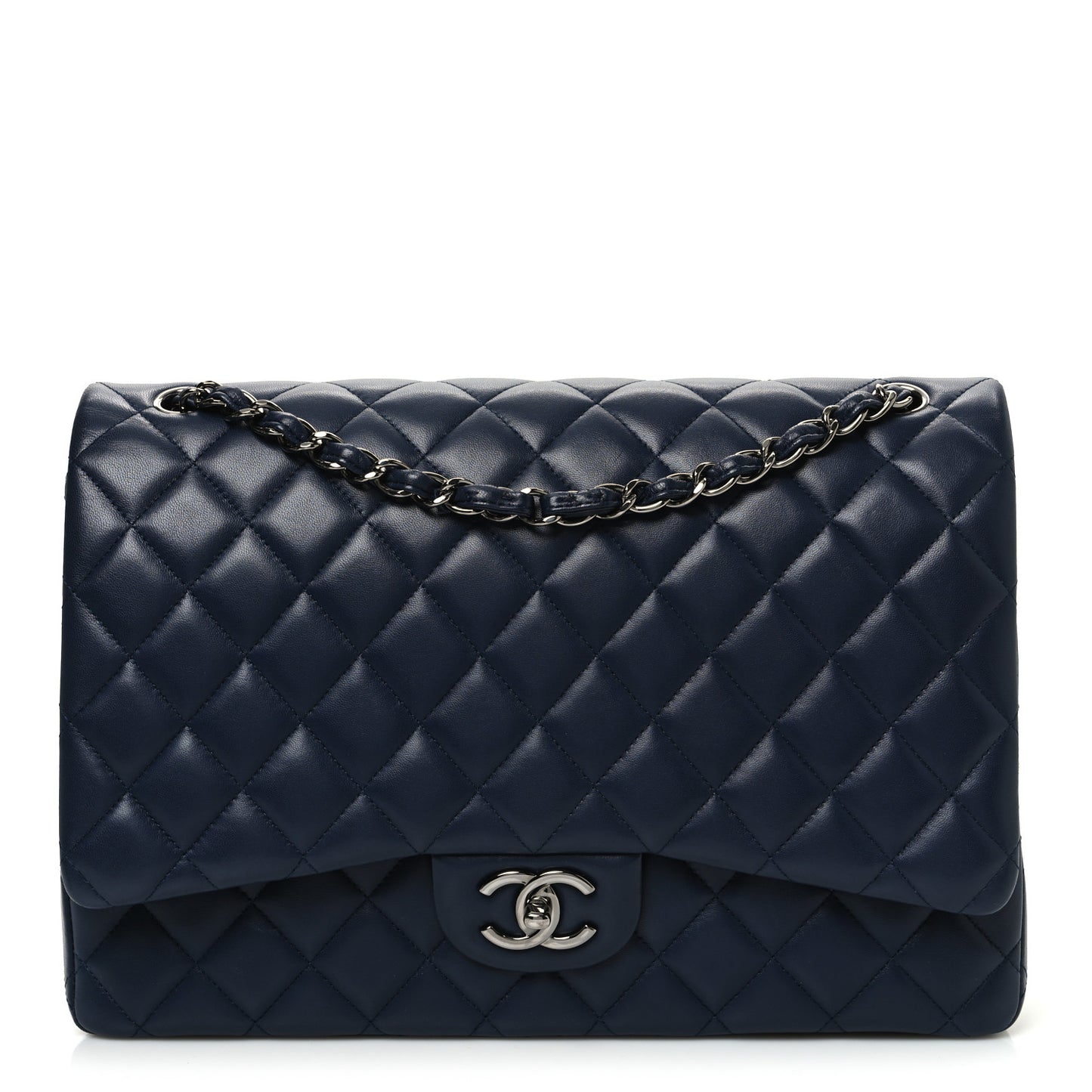 Lambskin Quilted Maxi Double Flap Dark Blue
