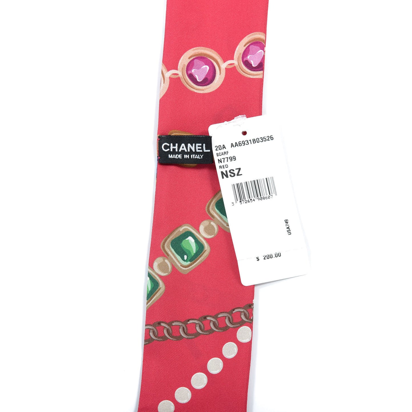Silk Pearl CC Chain Slim Bandeau Scarf Red