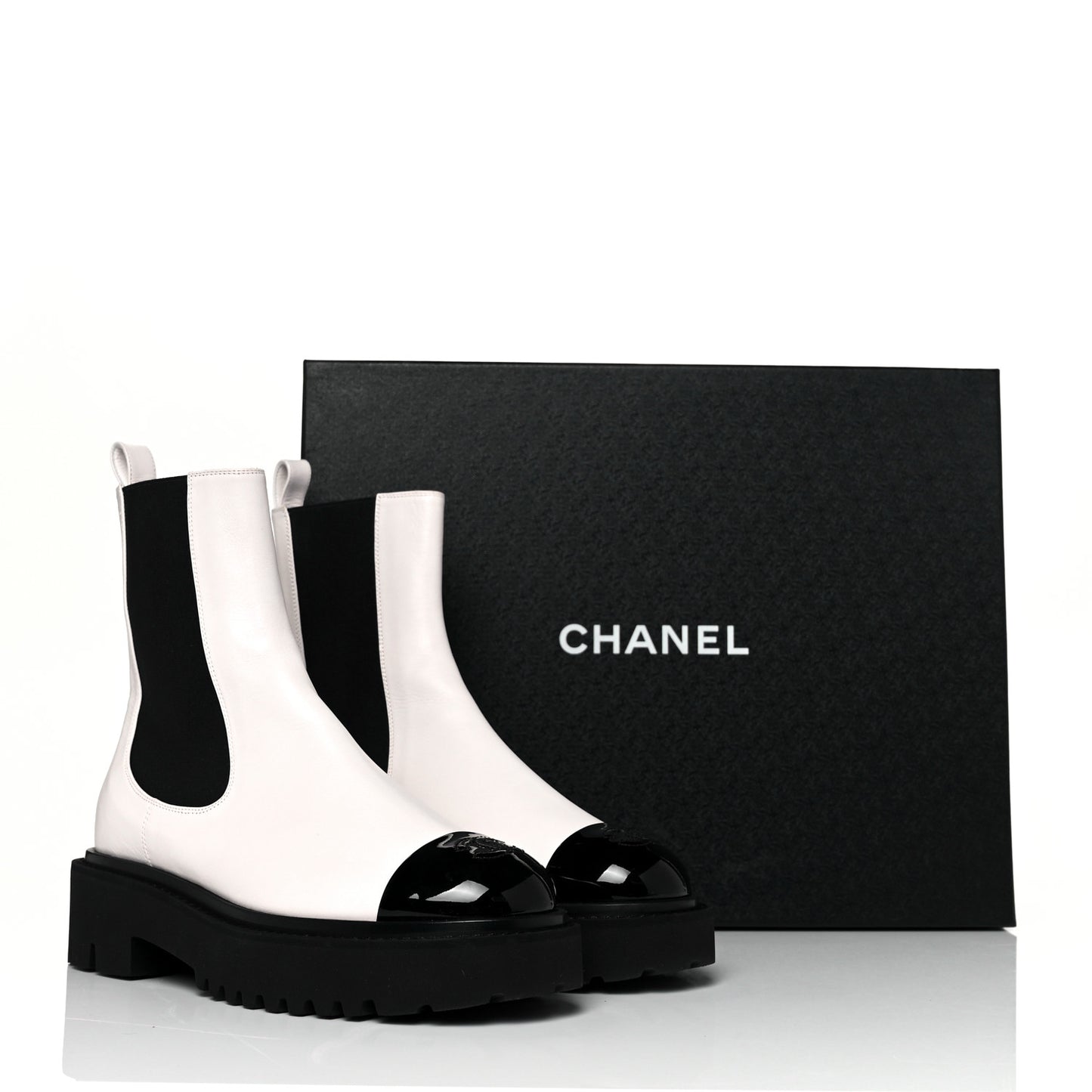 Patent Calfskin Cap Toe CC Ankle Boots 37 White Black