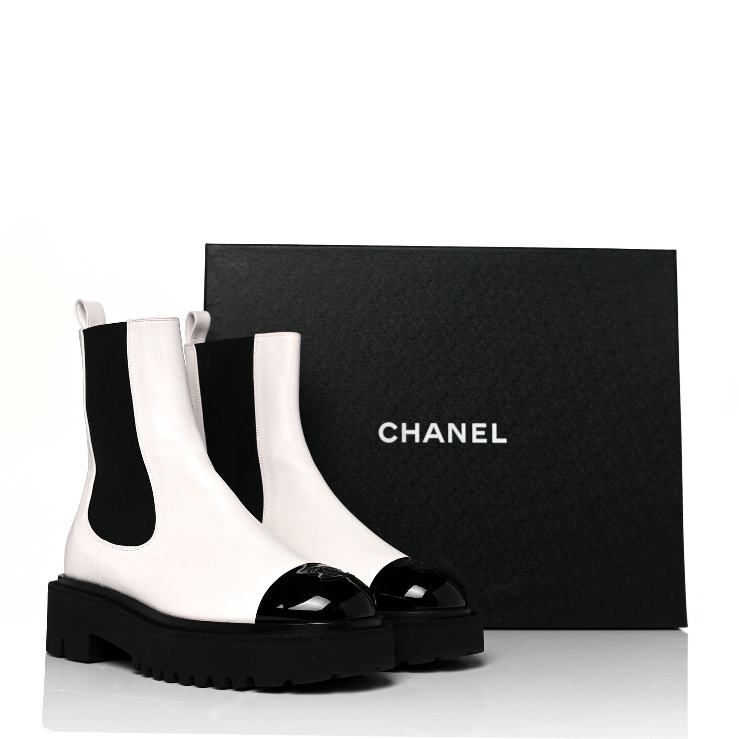 Chanel Patent Calfskin Cap Toe CC Ankle Boots 37 White Black 8 of 8