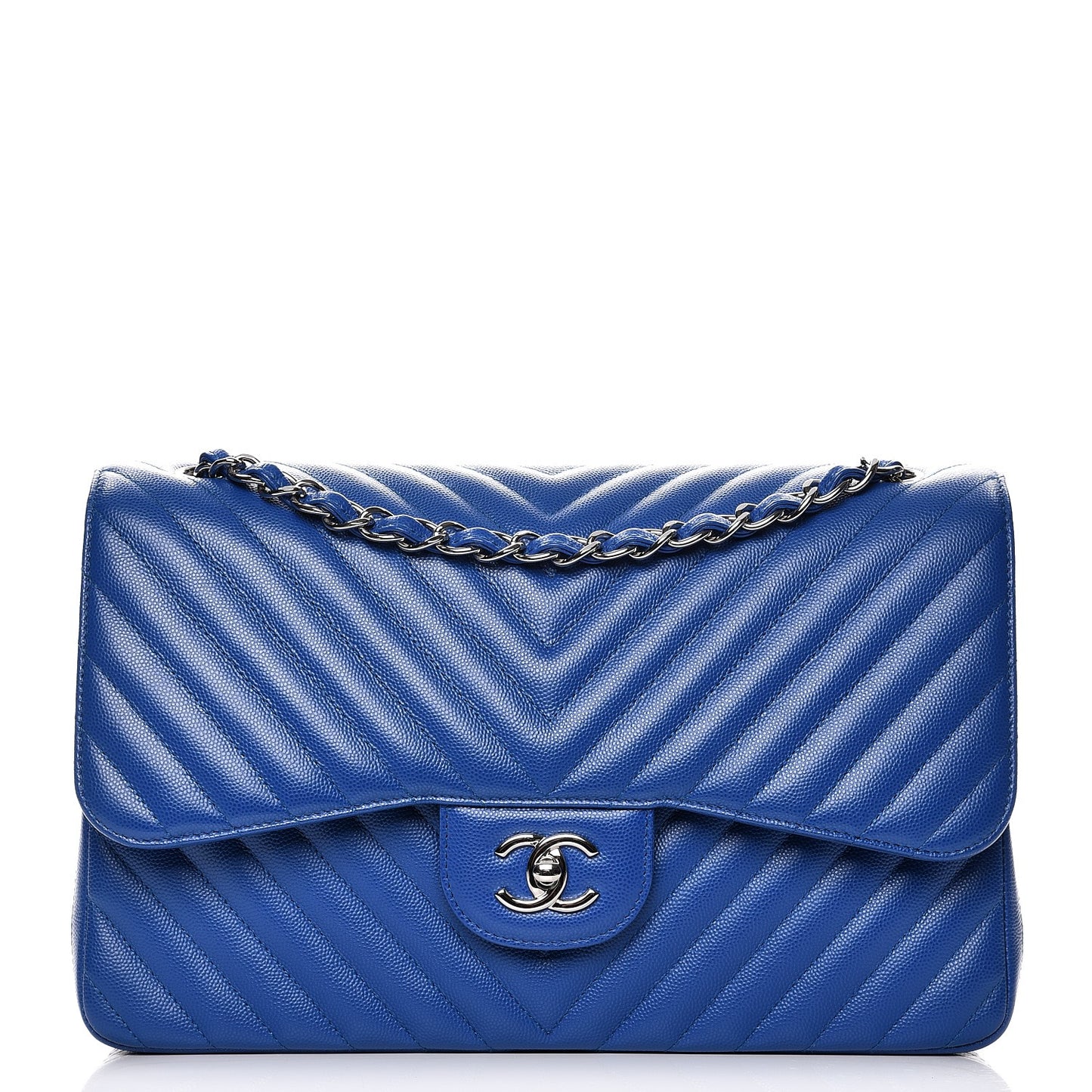 Caviar Chevron Quilted Jumbo Double Flap Bright Blue