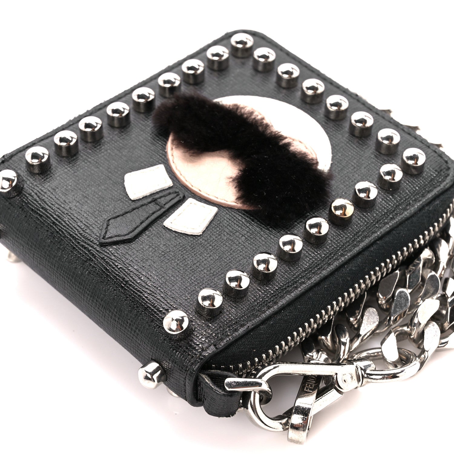 Fendi Vitello Elite Flamingo Mink Karlito Studded Zip Around Chain Wallet Black White Plaster 11 of 12