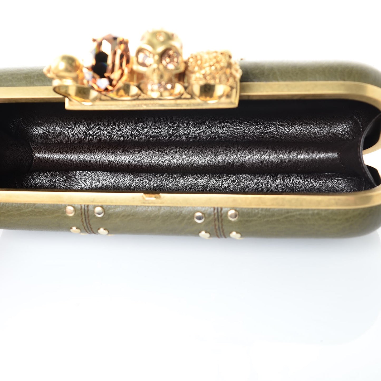 Nappa Skull Studded Knuckle Box Clutch Green