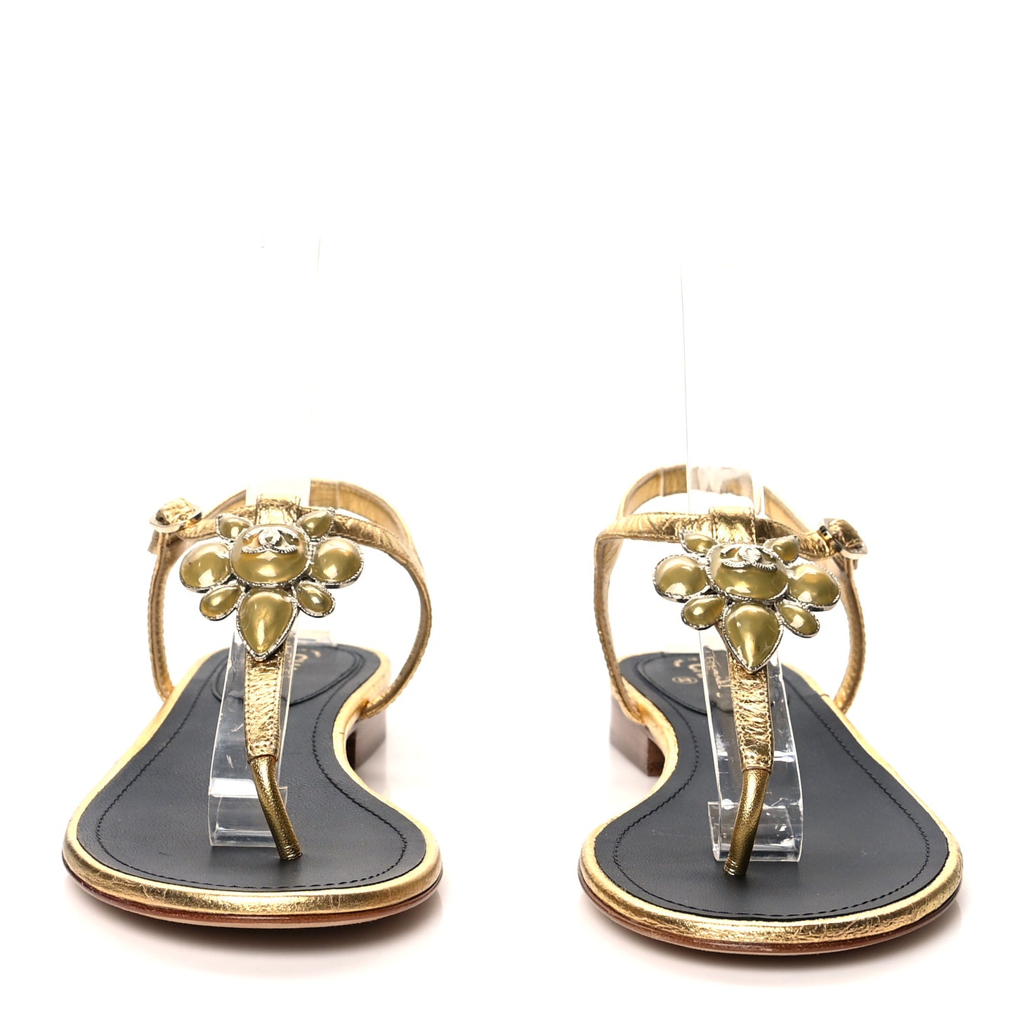 Metallic Calfskin Enamel Camellia Thong Sandals 36.5 Gold