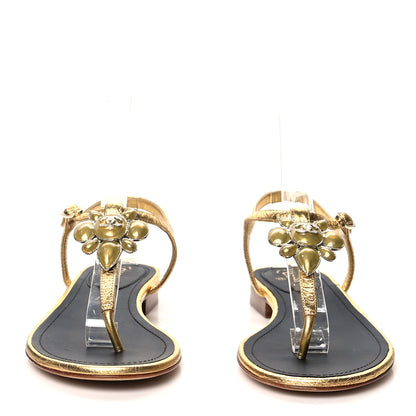 Chanel Metallic Calfskin Enamel Camellia Thong Sandals 36.5 Gold 2 of 7