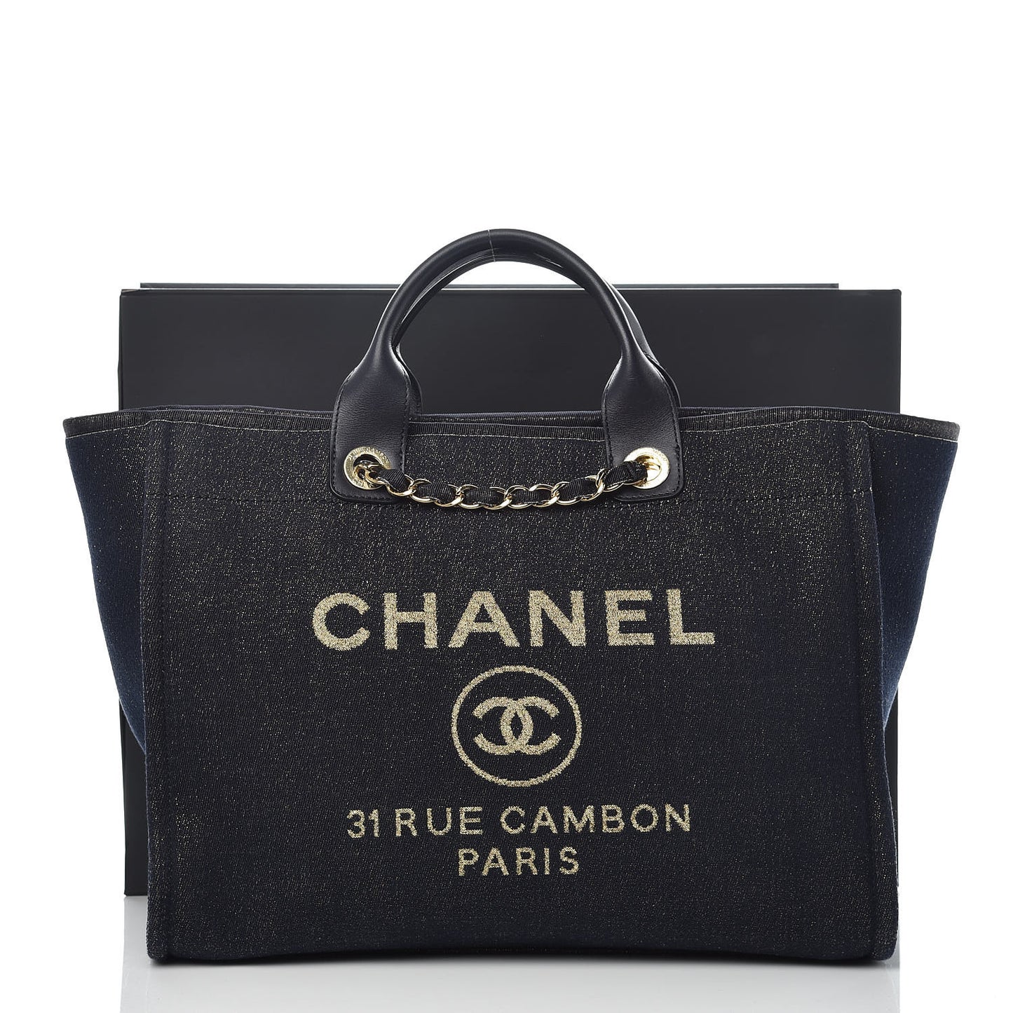 Lurex Canvas Medium Deauville Tote Navy Blue Gold