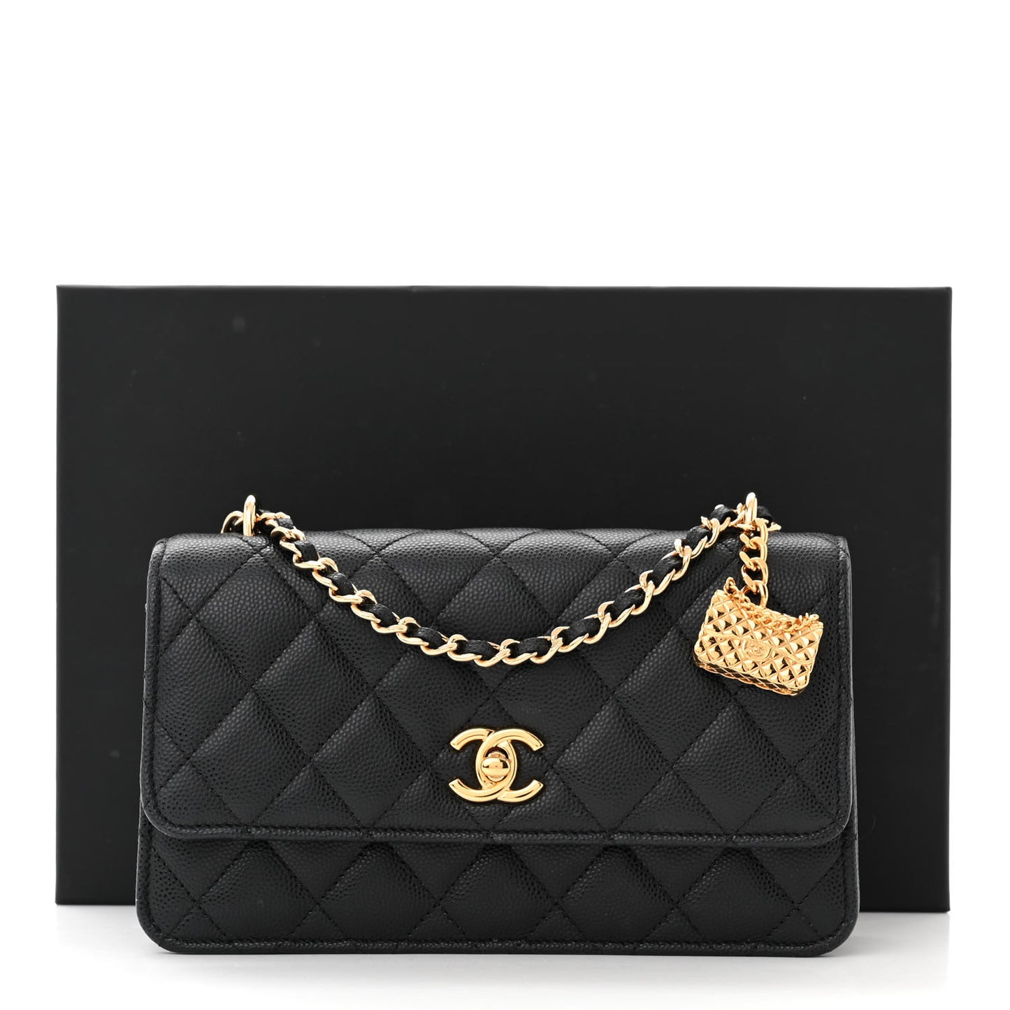 Shiny Caviar Quilted Flap Charm Wallet On Chain WOC Black