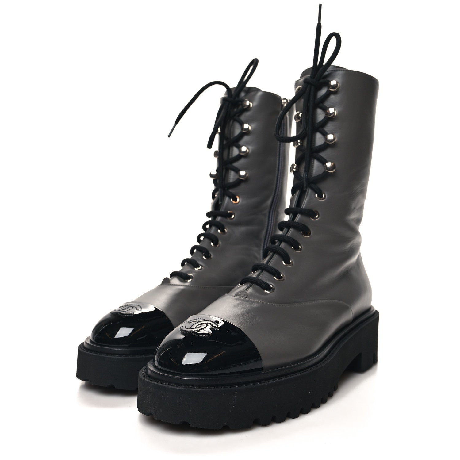 Chanel Crumpled Calfskin Patent Cap Toe Lace Up Combat Boots 40 Dark Grey Black 3 of 9