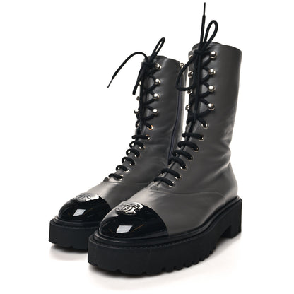 Chanel Crumpled Calfskin Patent Cap Toe Lace Up Combat Boots 40 Dark Grey Black 3 of 9