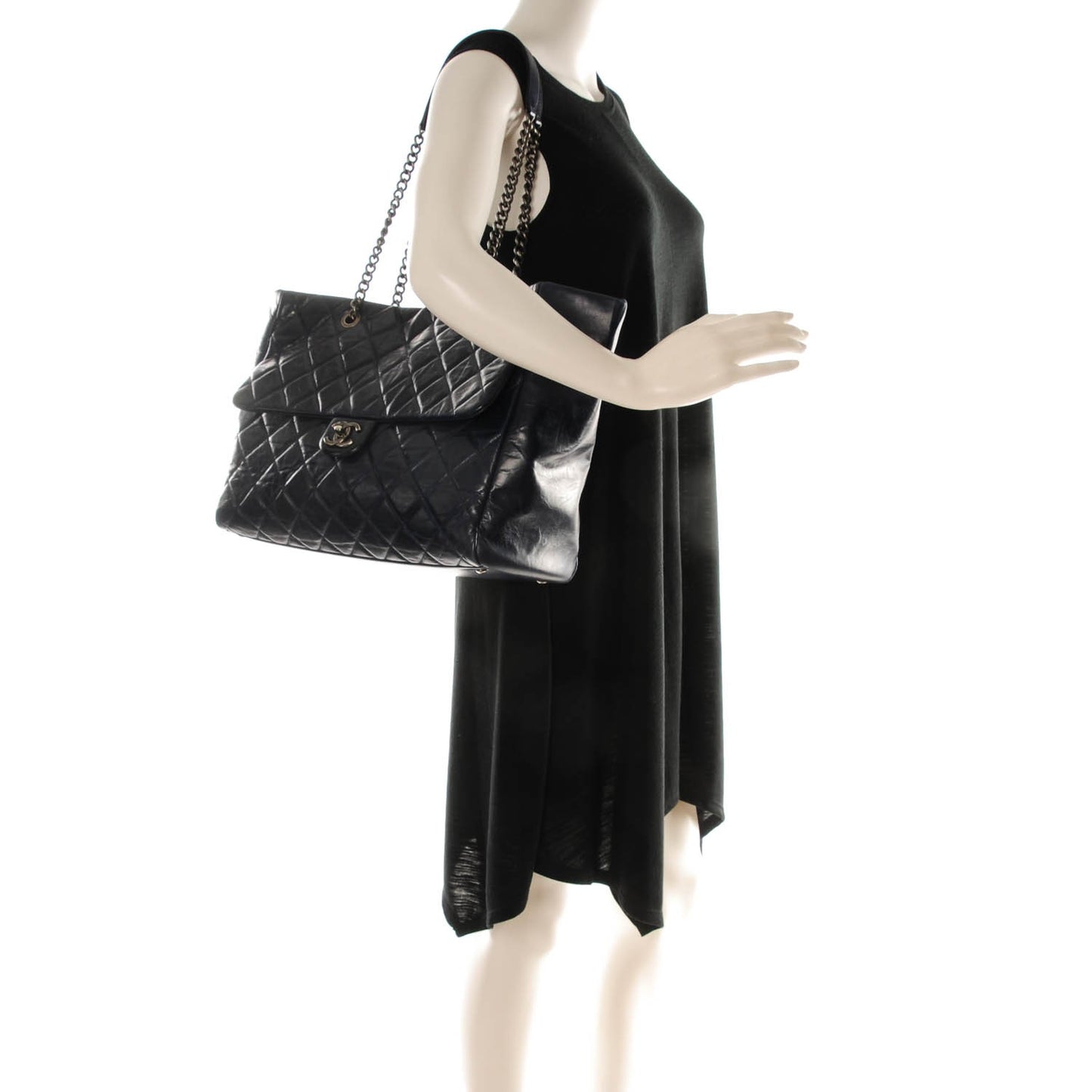 Glazed Calfskin Quilted Large Duo Color Tote Navy Burgundy